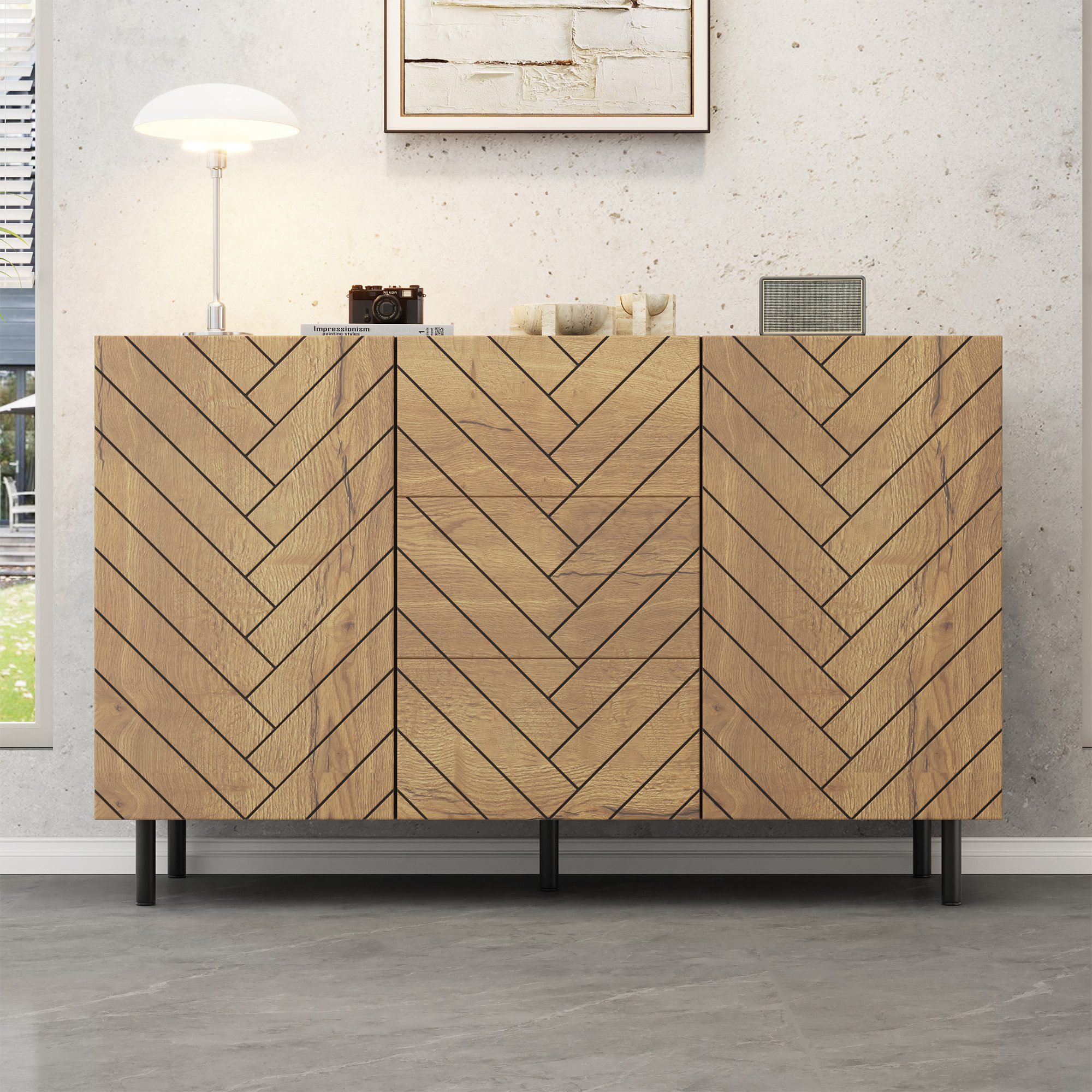 Merax Sideboard im Holzoptik und Schwarz, Aufbewahrungsschrank (1 St), Kommode mit 3 Schubladen, 2 Türen & Stauraum, 120×40×76cm – Bild 3 von 5