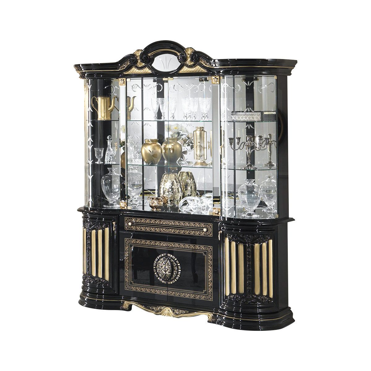 Interdesign24 Glasvitrine Bella (im Barock-Stil, mit Goldverzierungen, 8-Türig) in Schwarz/Gold Hochglanz