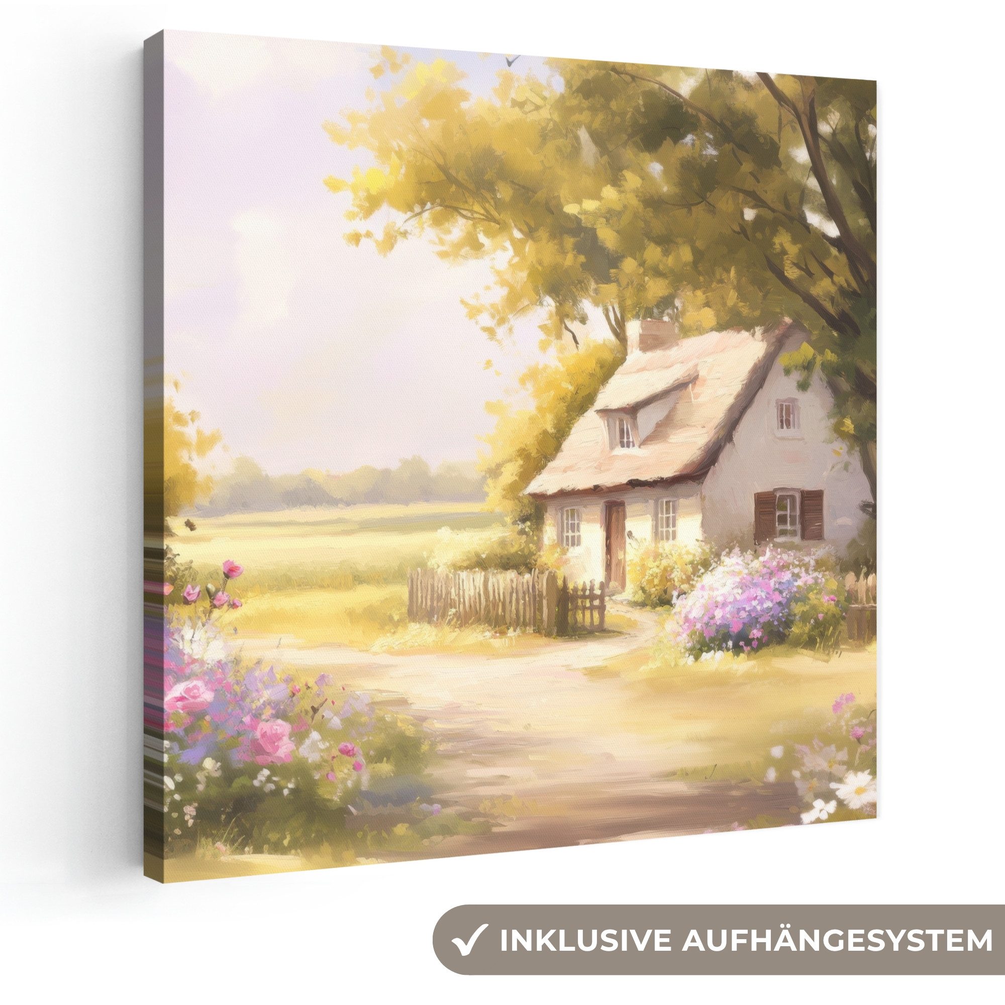 OneMillionCanvasses® Leinwandbild Landhaus - Holz - Blumen, Fotodruck (1 St), Wandbild, Deko Schlafzimmer Wohnzimmer Flur 20x20 cm