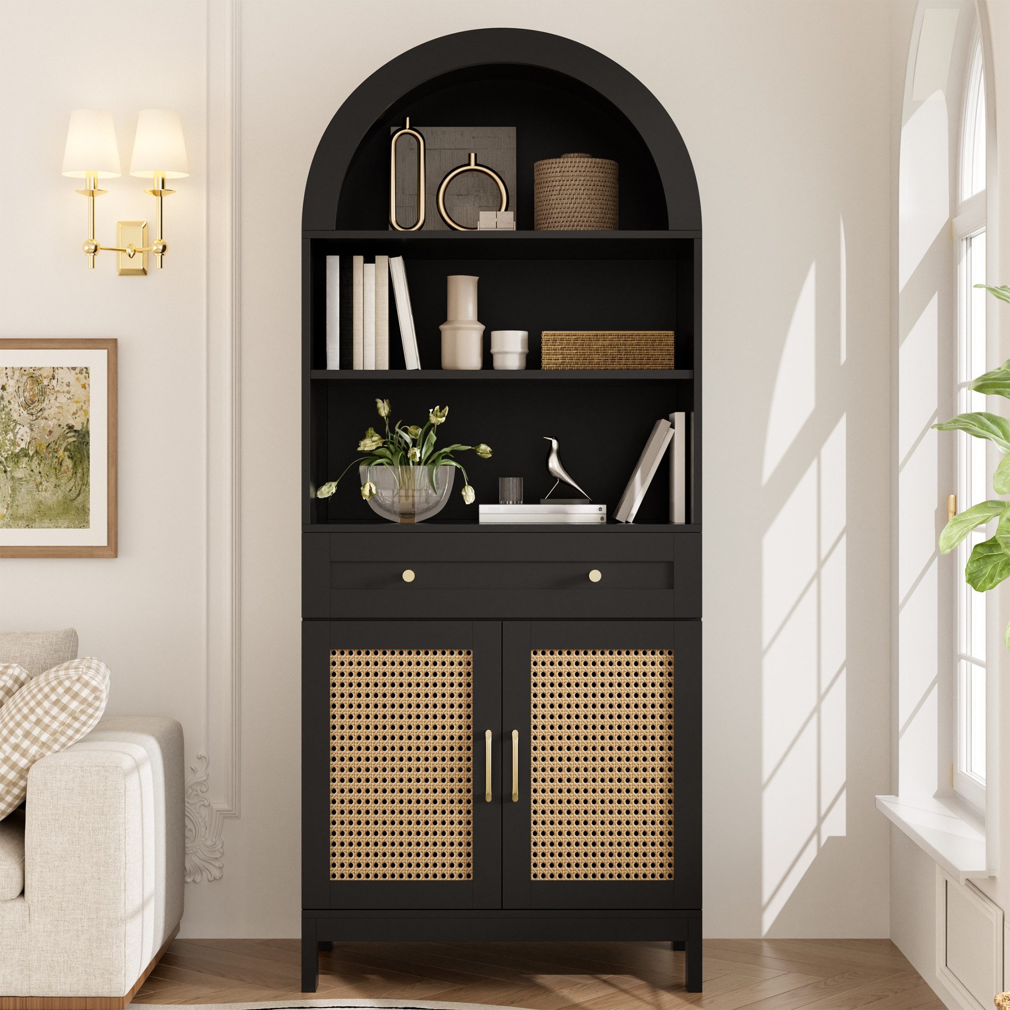 Flieks Hochschrank mit Rattan-Doppeltüren, 1 großer Schublade, 3 offener Fächern (gewölbter Aufbewahrungsschrank in Landhausstil, 1-St., B70/T40/H170 cm) multifunktional Mehrzweckschrank Vitrine mit veratellbarer Ablagen