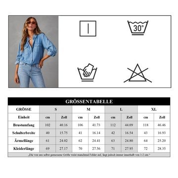 Opspring Jeansbluse Damen Bluse Damen Western Hemden Tunika Langarm Button Down Oberteile