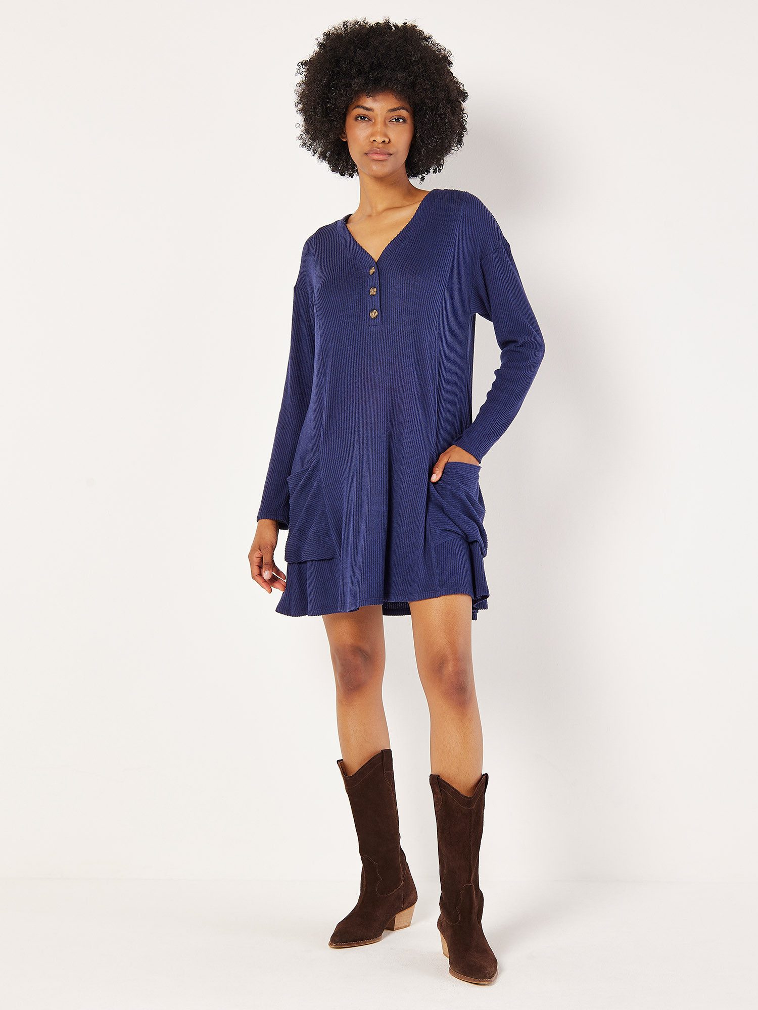 Apricot knitted swing dress with patch pockets