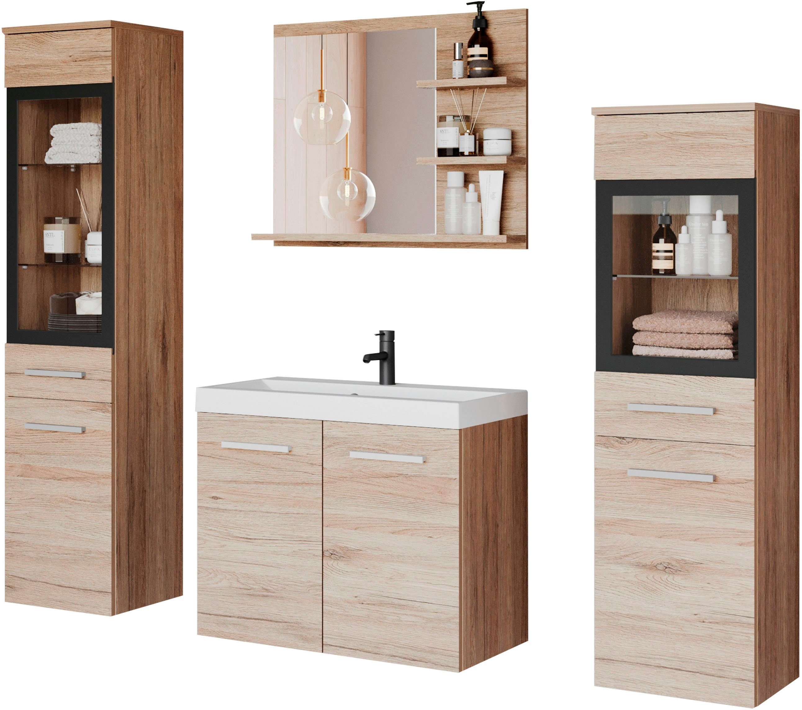 Eiche Hochschrank, 4-St., Waschbecken), Spiegel Remo welltime ARONA, Badmöbel-Set San mit Waschbecken, Waschtisch Badschrank, (Komplett-Set, inkl.