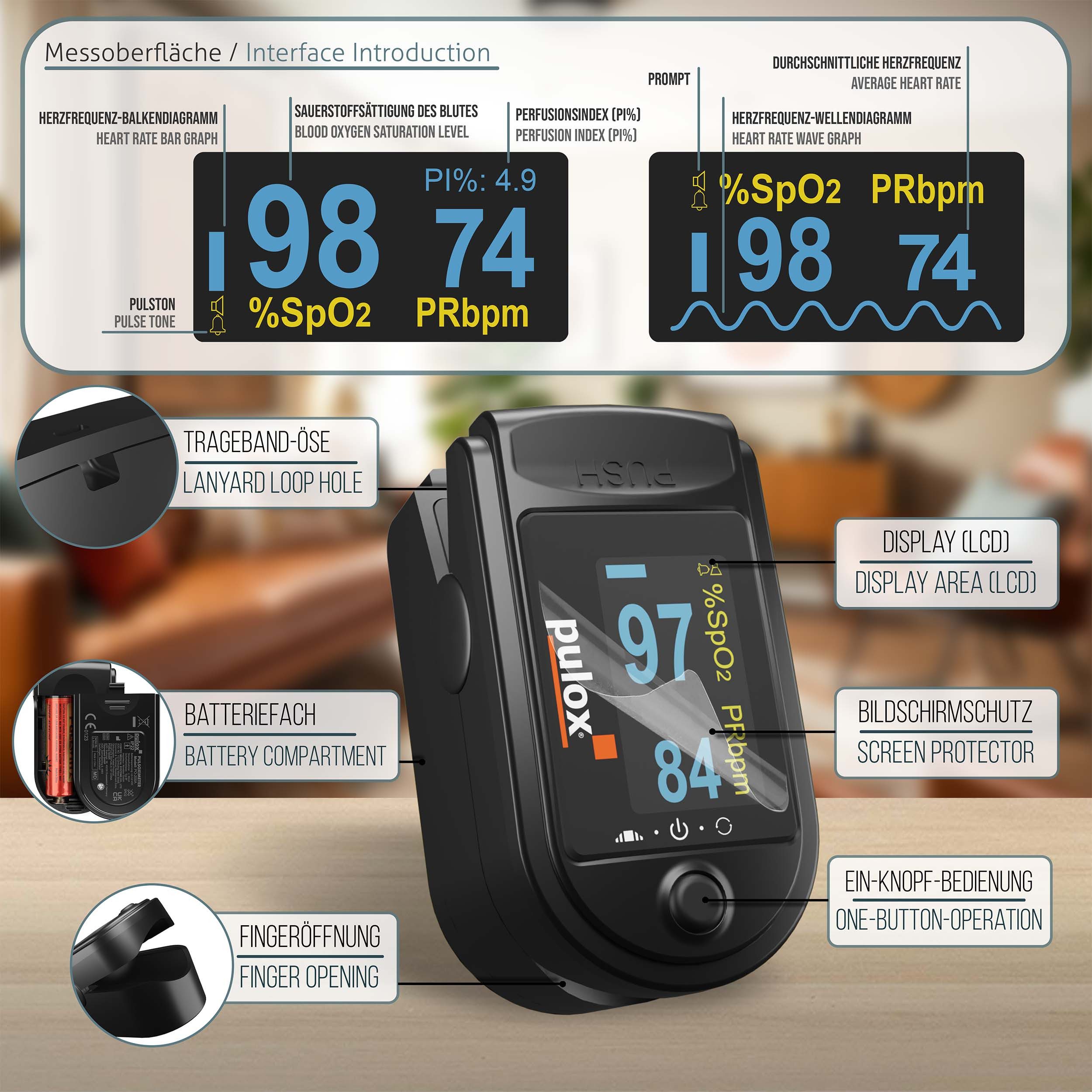 pulox Pulsoximeter PO-200A mit Alarm und Pulston