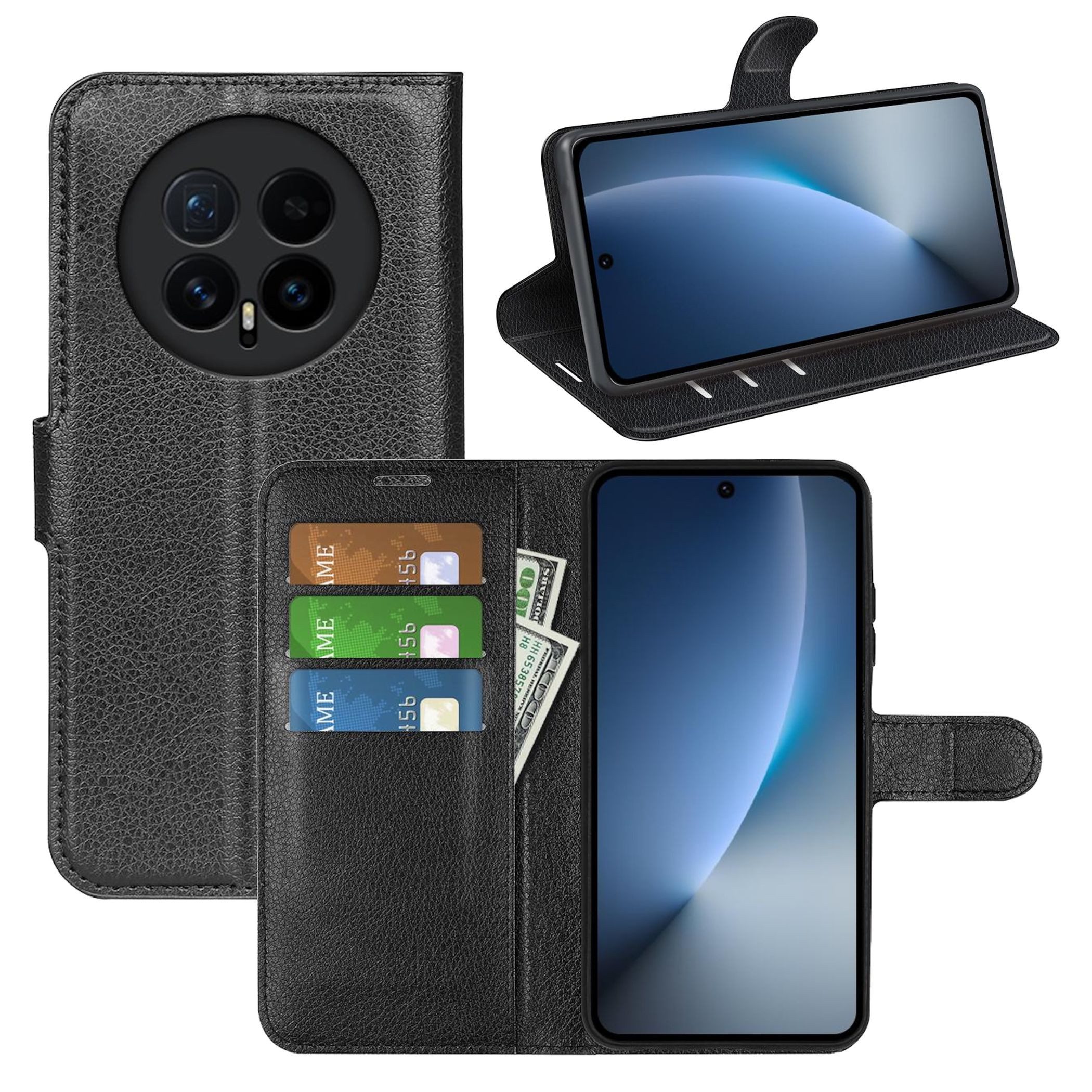 Wigento Smartphone-Hülle Für Honor Magic 8 Kunstleder Book Wallet Schutz Hülle Tasche Schwarz, Kunstleder Hülle mit Kartenfächern und Standfunktion