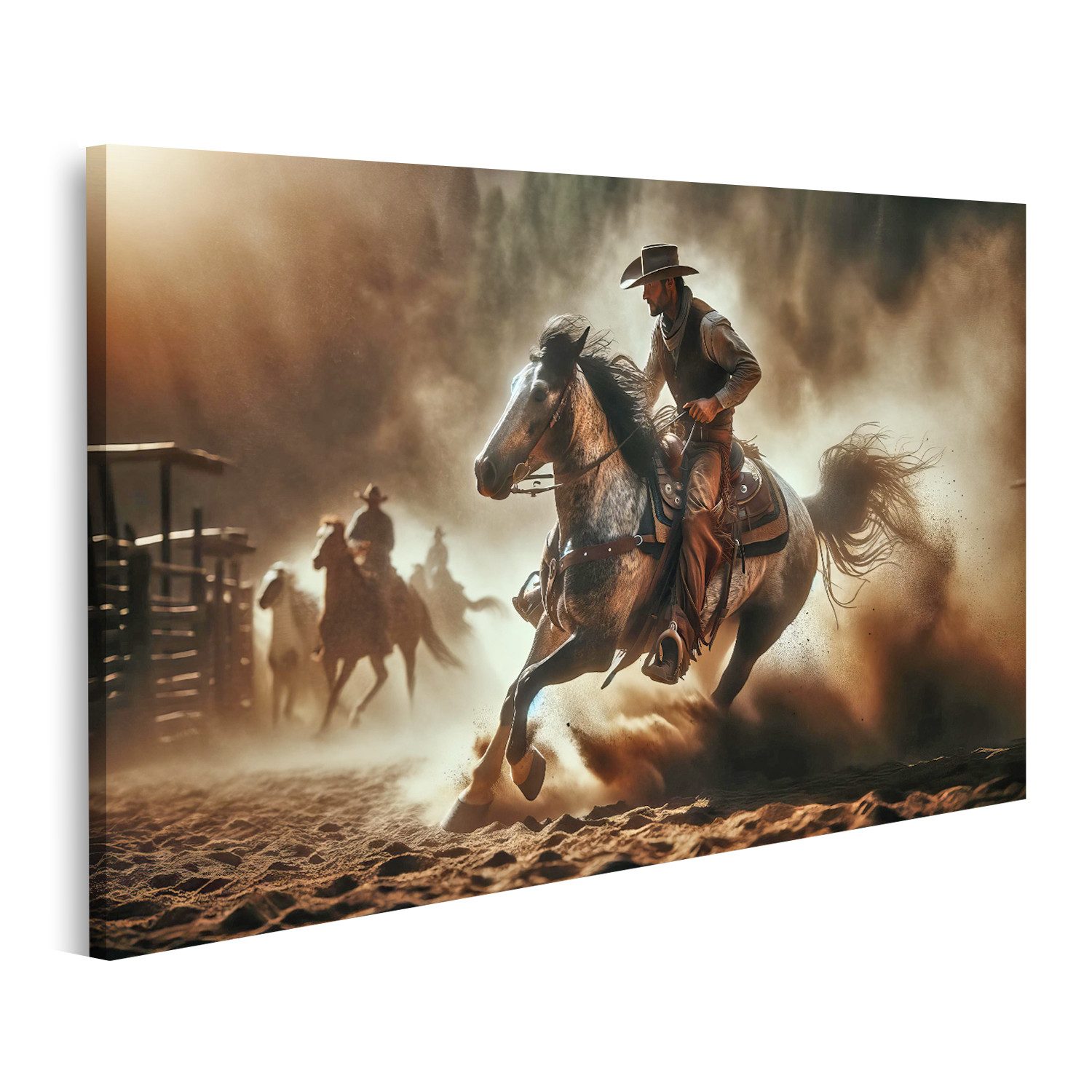 islandburner Leinwandbild Cowboy reitet, Staubwolke in günstig online kaufen