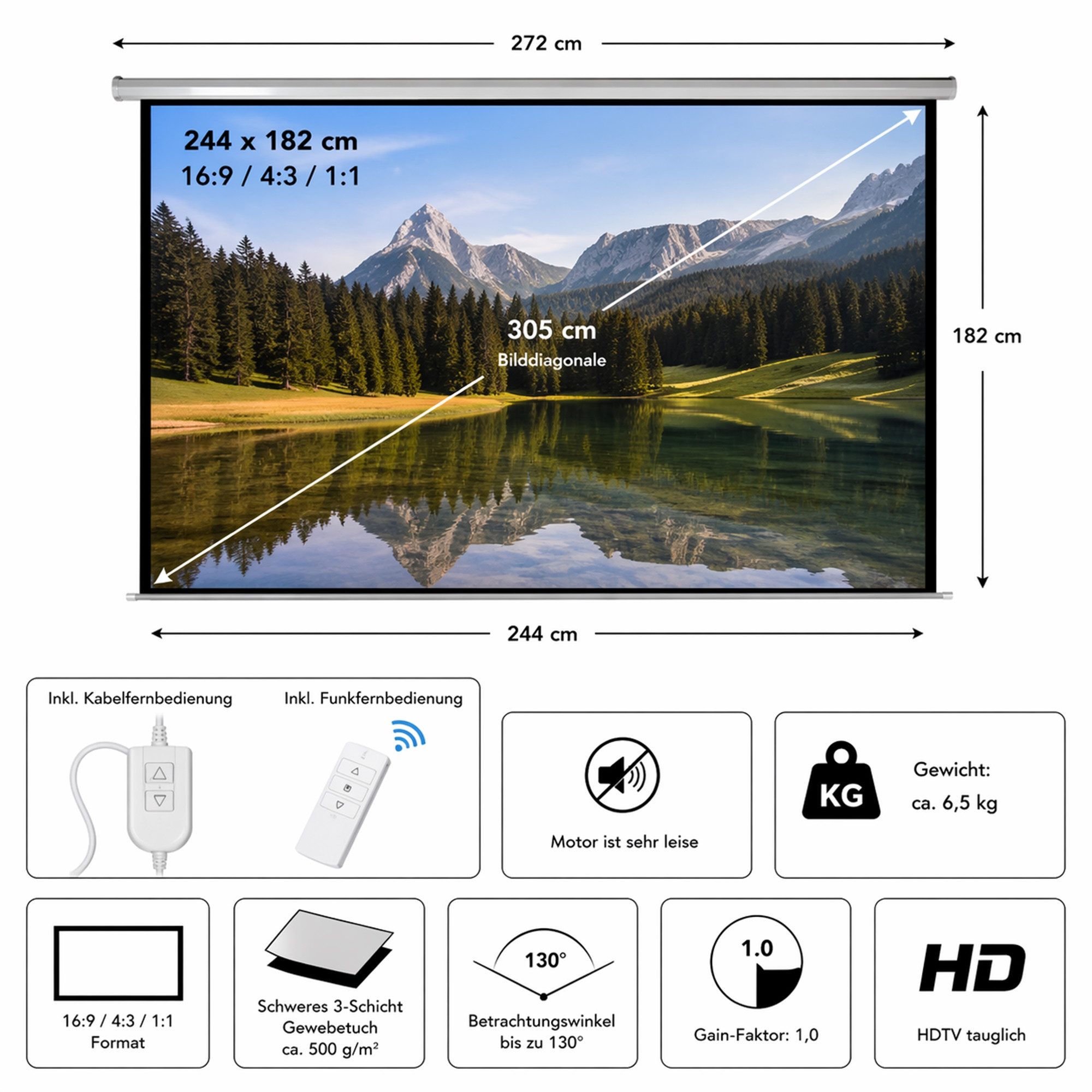 Mucola Motor Leinwand 244x182 Beamerleinwand Beamer inkl FFB Heimkino Motorleinwand (HDTV tauglich)