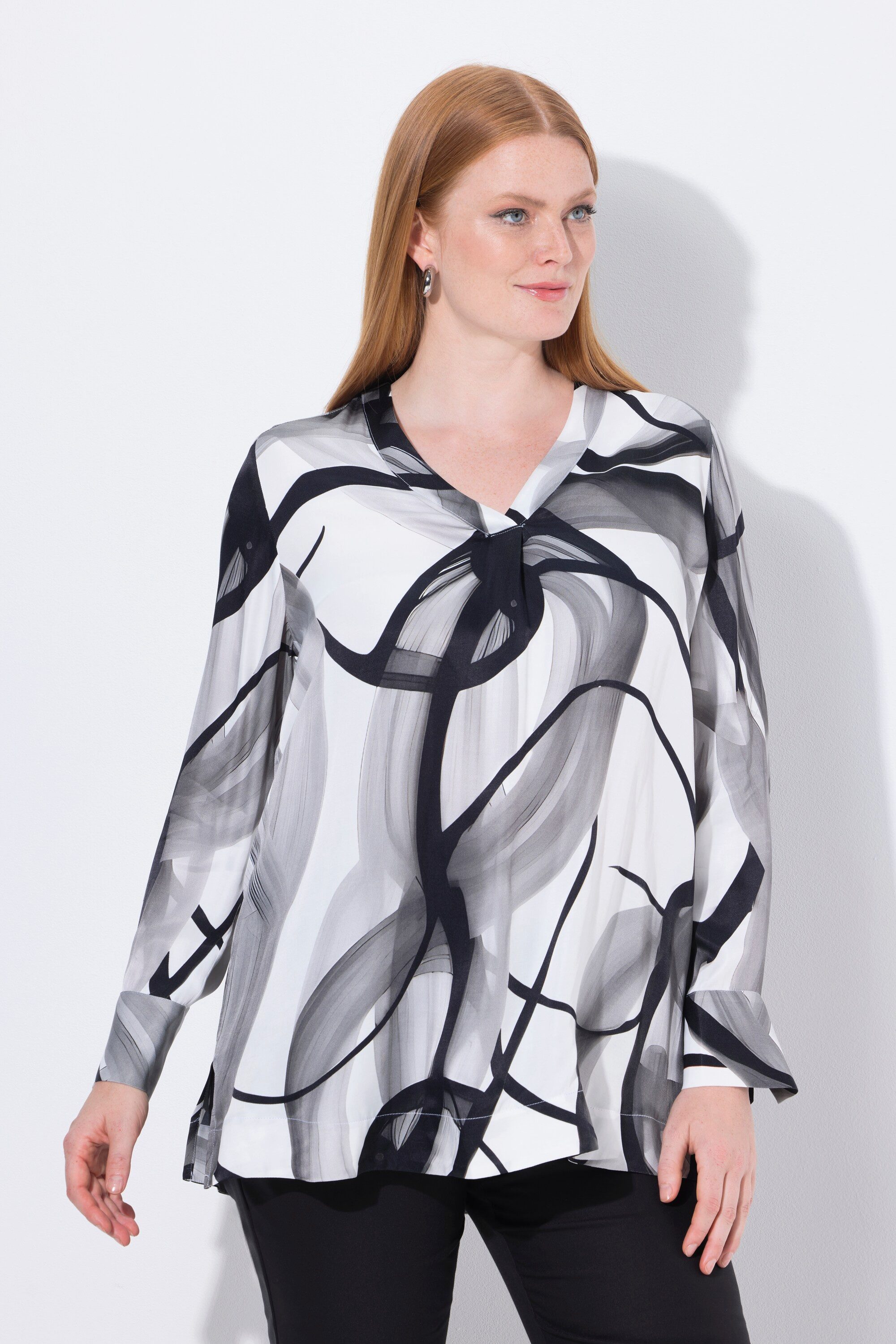 Druckbluse Satin-Tunika Aquarellsteifen V-Ausschnitt Langarm