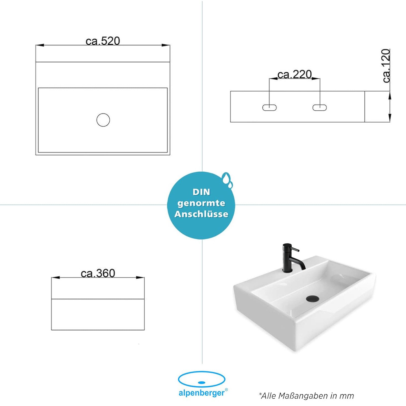 Alpenberger Waschbecken - Keramik Aufsatzwaschbecken Hängewaschbecken - Eleganter Waschplatz (1-tlg. Set, 1-St., Handwaschbecken Badezimmer), Aufsatzbecken schmutzabweisend & hygienisch mit Nano beschichtet. Reduzierter Preis € 99,95. Unverbindliche Preisempfehlung € 249,90, (€ 99,95 pro 1 Stk)