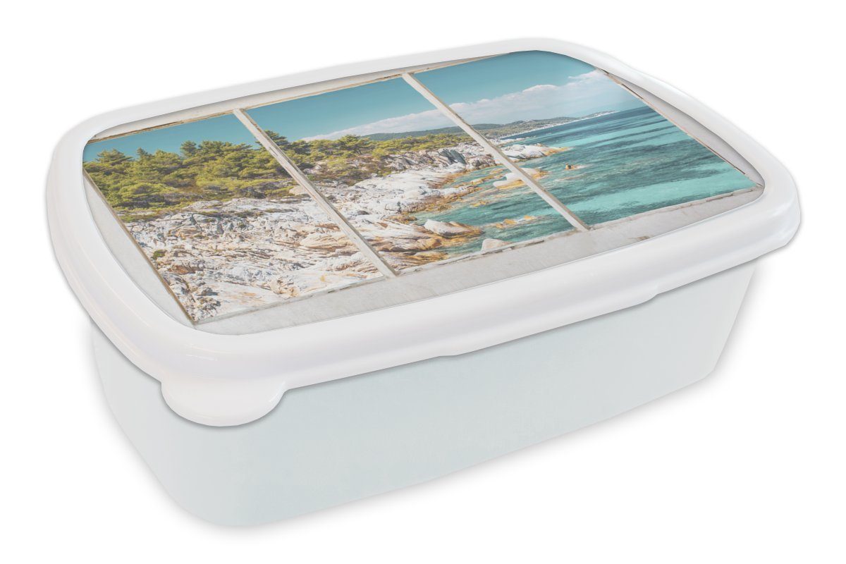 MuchoWow Lunchbox Aussicht - Meer - Strand, Kunststoff, (2-tlg), Brotbox für Kinder und Erwachsene, Brotdose, für Jungs und Mädchen weiß