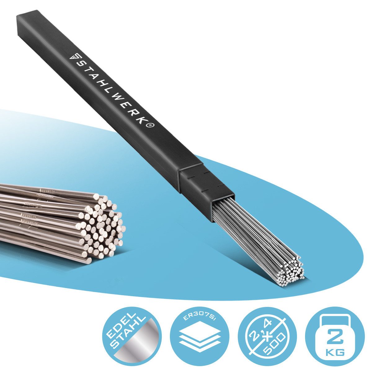 STAHLWERK Stabelektroden 2,4 mm WIG Schweißstäbe ER307Si Edelstahl 2 kg, (Packung), Länge von 500 mm und einen Durchmesser von 2,4 mm.