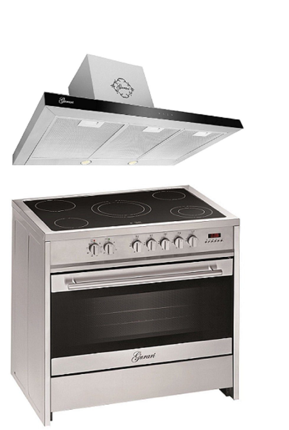 GURARI Elektro-Standherd GCH E 912 X+GCH 462 IS 9 Prime, mit 1-fach-Teleskopauszug, Elektro Standherd 90 cm/ 121L +Dunstabzugshaube 90 cm