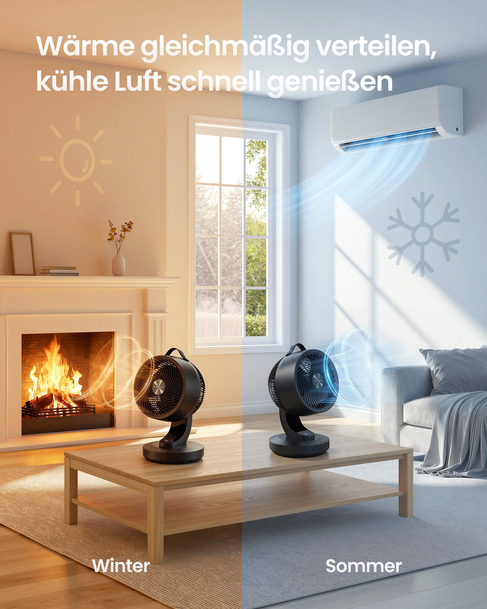 SONGMICS Tischventilator 2-in-1:Ventilator & Luftzirkulator, leise 20 dB, LED-Display,12h Timer, 70° Oszillation, 8 Geschwindigkeiten, 25 x 26 x 38,4 cm