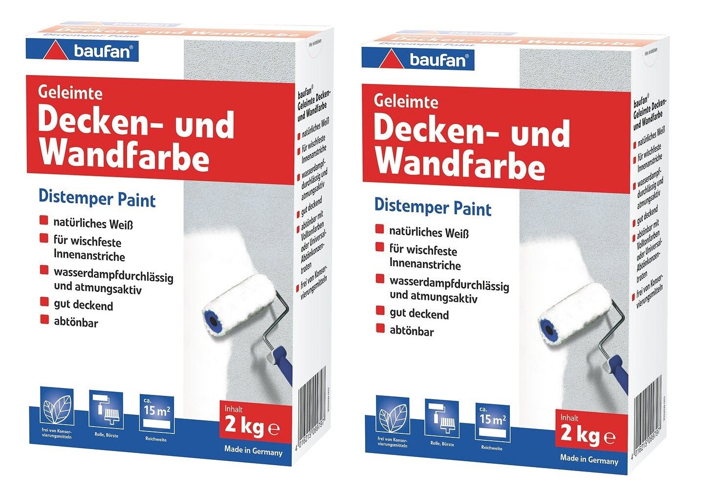 baufan® Wandfarbe Geleimte Wand- & Deckenfarbe für Innen Weiß 2 kg Leimfarbe