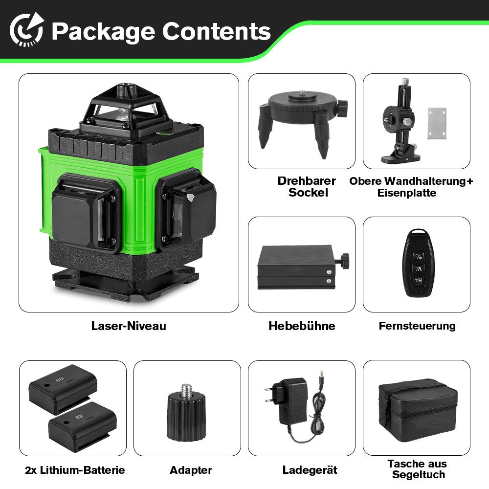 HGLINE Laserwasserwaage Grün 16 Linien 4 x 360° Lasernivellier Selbstnivellierend, (mit 2 x Batterien), Umschaltbar Horizontal/Vertikal für Innenbereich und Baustelle