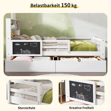 BlingBin Kinderbett Einzelbett mit Schubladen und Tafel 90*200cm (1er Set, 1-tlg., Bett ohne Matratzen), mit Rausfallschutz und Lattenrost