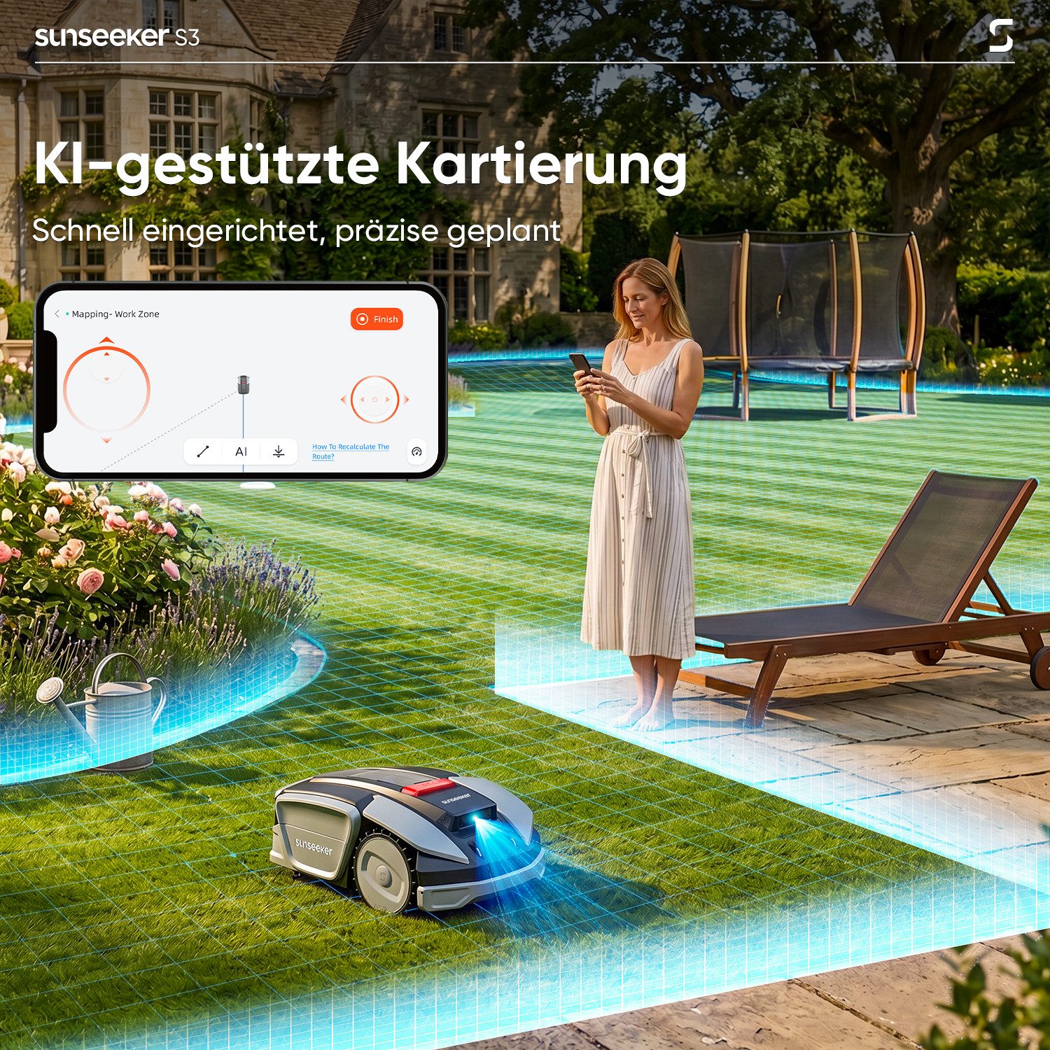 Sunseeker Rasenmähroboter S3, bis 800 m² Rasenfläche, (Packung), RTK+Vision, KI Kartierung, 30% Steigung, Routenplanung, App-Steuerung