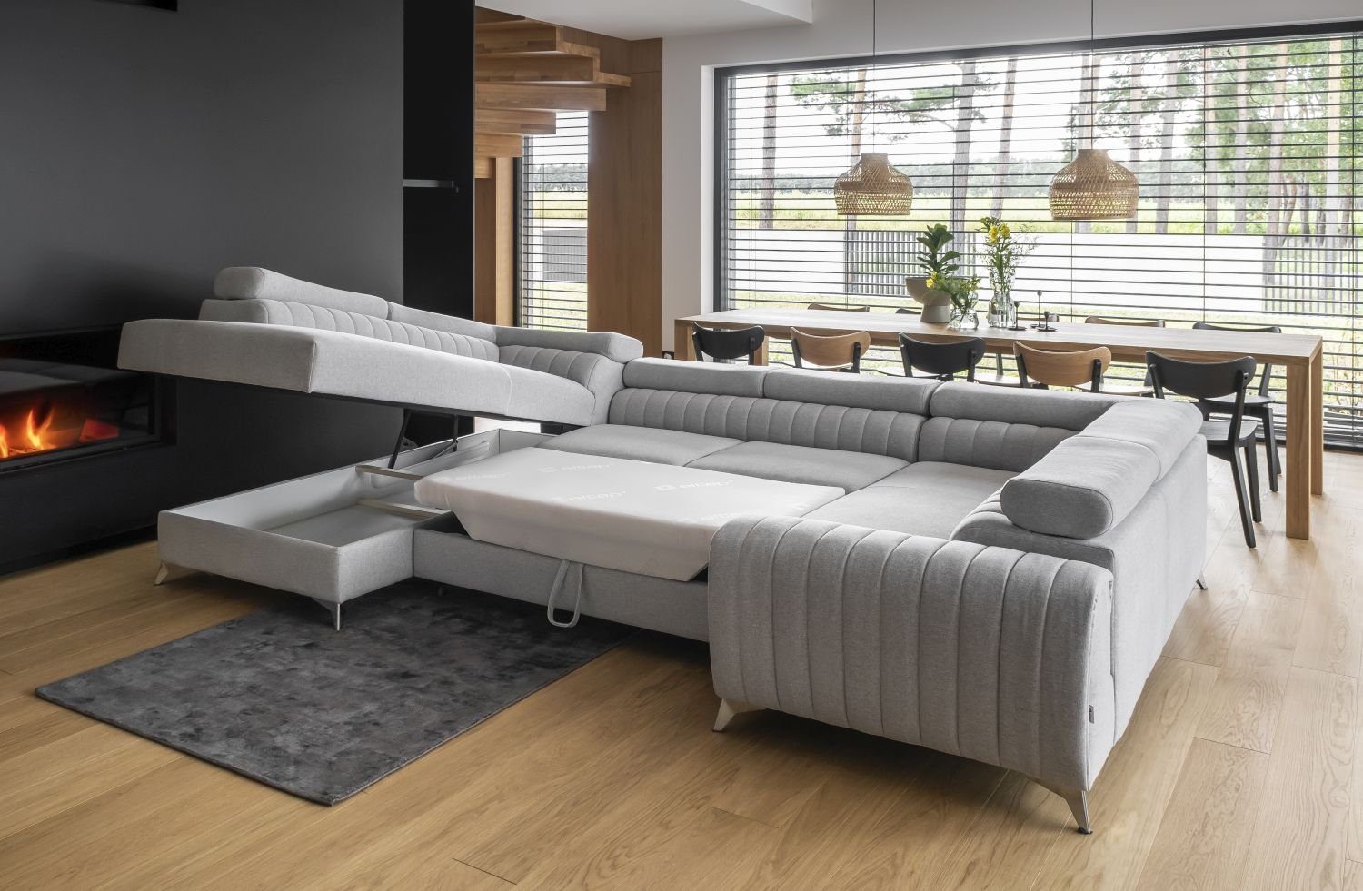 Lukas XXL-Sofa mit grau Linus Möbel mit 84 Wohnlandschaft Wohnlandschaft in Kopfstützen, Bettkasten Bettfunktion, mit Bettkasten Monolith U-Form, mit verstellbaren Schlaffunktion Samtstoff