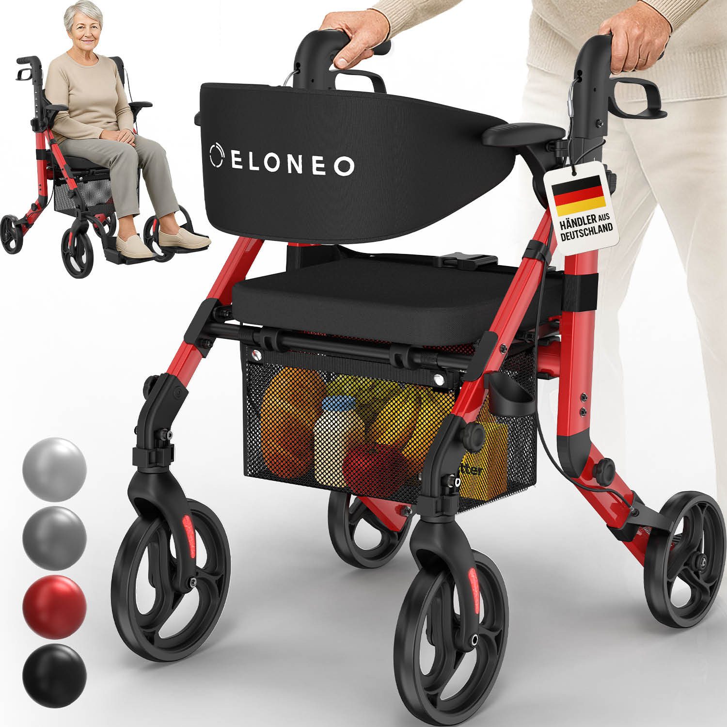 ELONEO Rollator 2in1 Rollator & Rollstuhl, Faltbar und Leicht, Outdoor-Gummireifen, mit Stiz & Netztasche