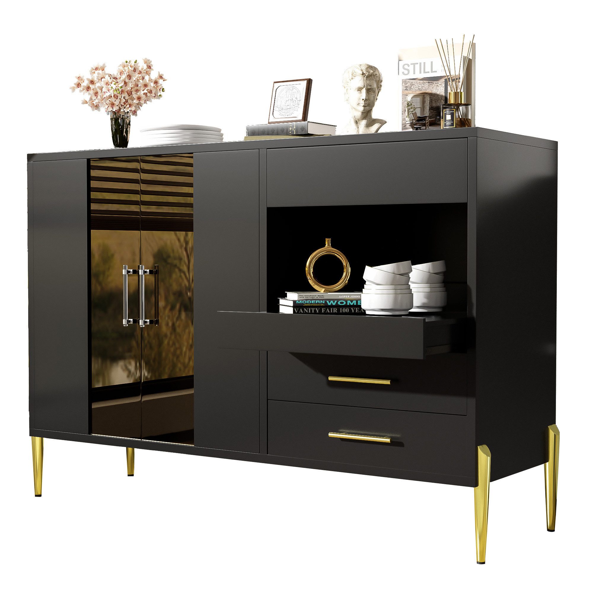 Sideboard Kommode Schrank Staufach Glastür Kristall Griffe Eisenbeine Schwarz