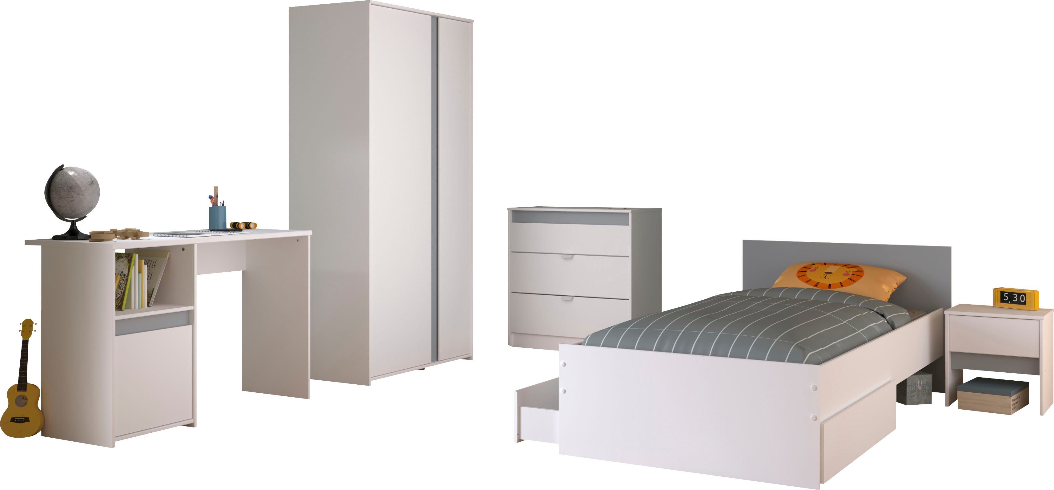Parisot Jugendzimmer-Set Pirouette, farbige Einsätze drehbar- Rosa oder Grau, (Set, 6-tlg., Schreibtisch, Bett, Schubkasten, Kleiderschrank, Kommode, Nachttisch), komplettes Jugendzimmer, für alle Zielgruppen