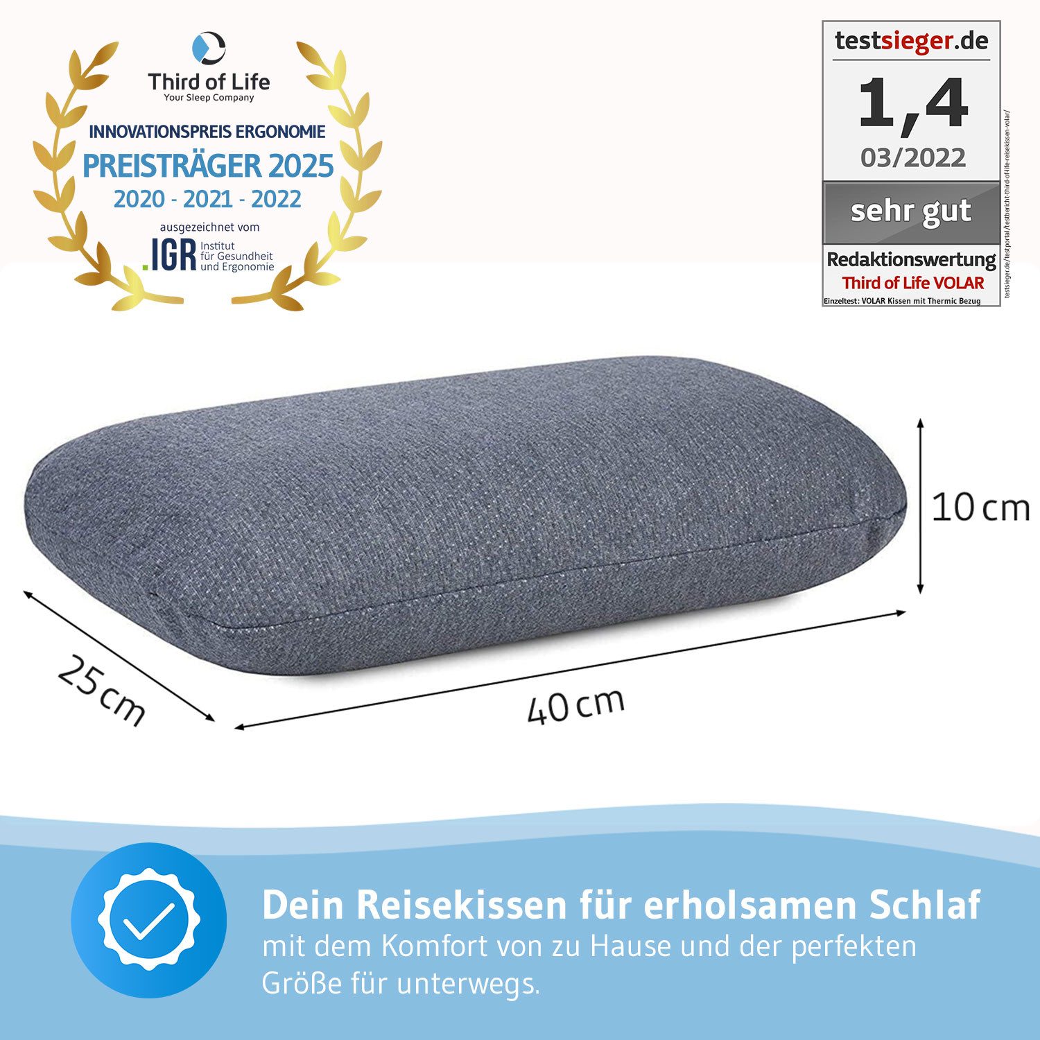Third of Life Reisekissen VOLAR QD, Hochwertiges kleines Kissen mit Viscoschaum & Thermo-Bezug, Hochwertiges kleines Kopfkissen mit Visco-Schaum und Thermo-Bezu – Bild 4 von 5