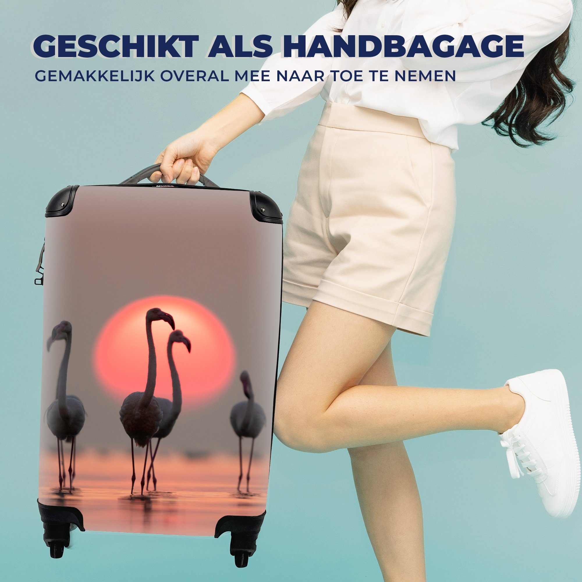 Handgepäckkoffer Reisekoffer 4 für Vogel Reisetasche - Rosa, rollen, Sonnenuntergang Rollen, - Handgepäck Trolley, mit MuchoWow Ferien, - Flamingo