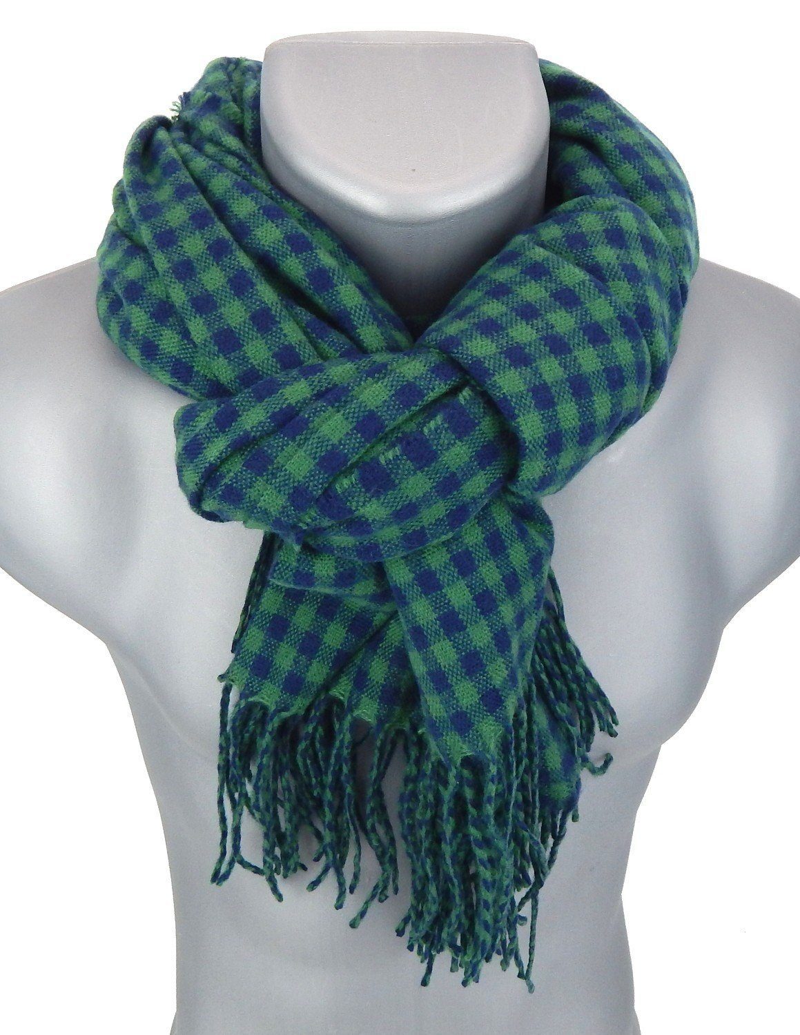 Ella Jonte Modeschal, grün blau Karo breiter Herbst Winterschal Fransen