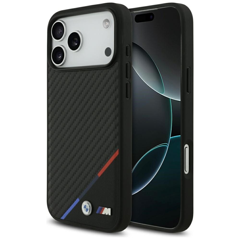 BMW Handyhülle MagSafe iPhone 17 Pro Max Carbon-Look Tricolor schwarz Logo Metall 6,9 Zoll, Kantenschutz
