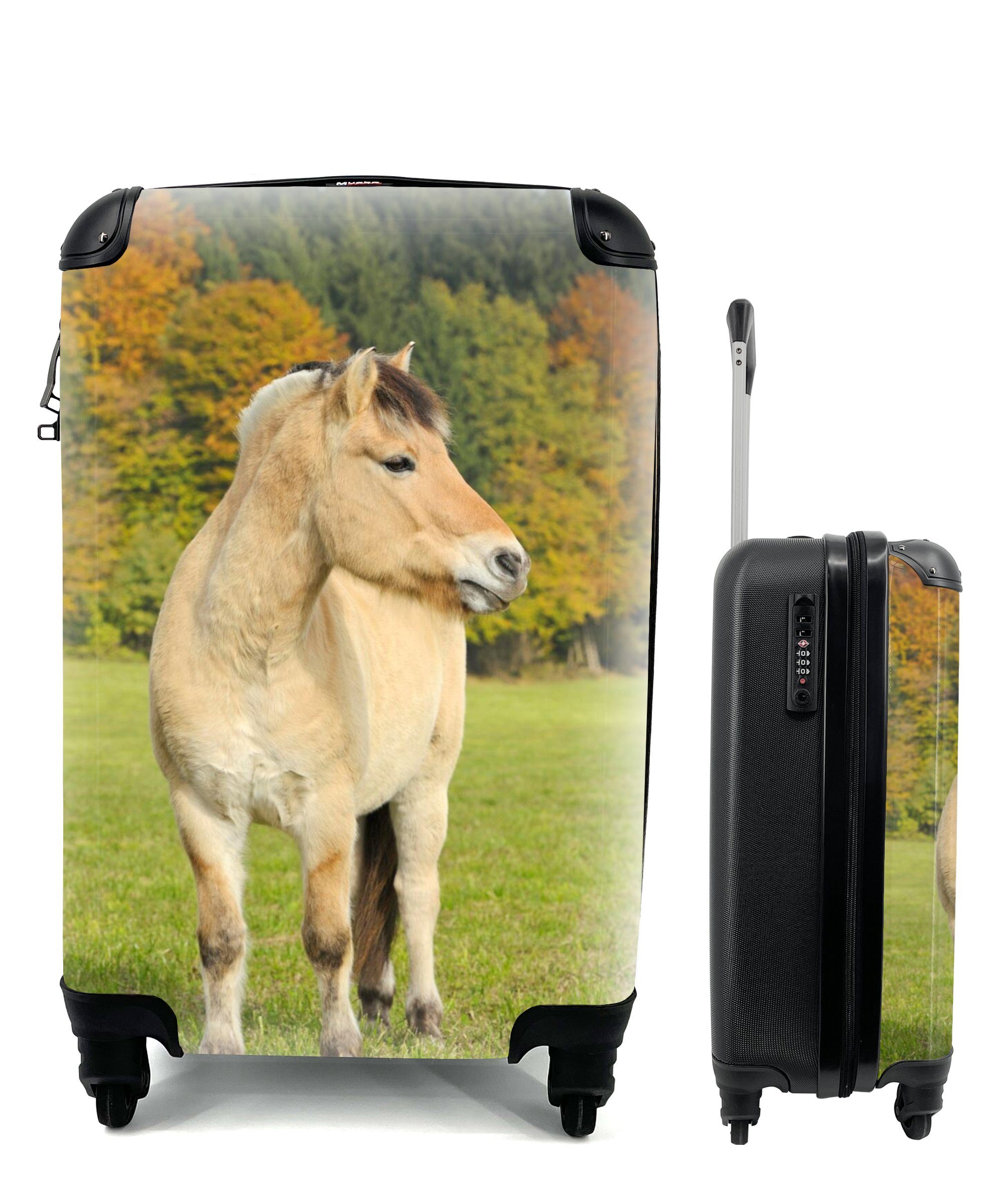 MuchoWow Handgepäckkoffer Fjordpferd in einer Herbstlandschaft, 4 Rollen, Reisetasche mit rollen, Handgepäck für Ferien, Trolley, Reisekoffer