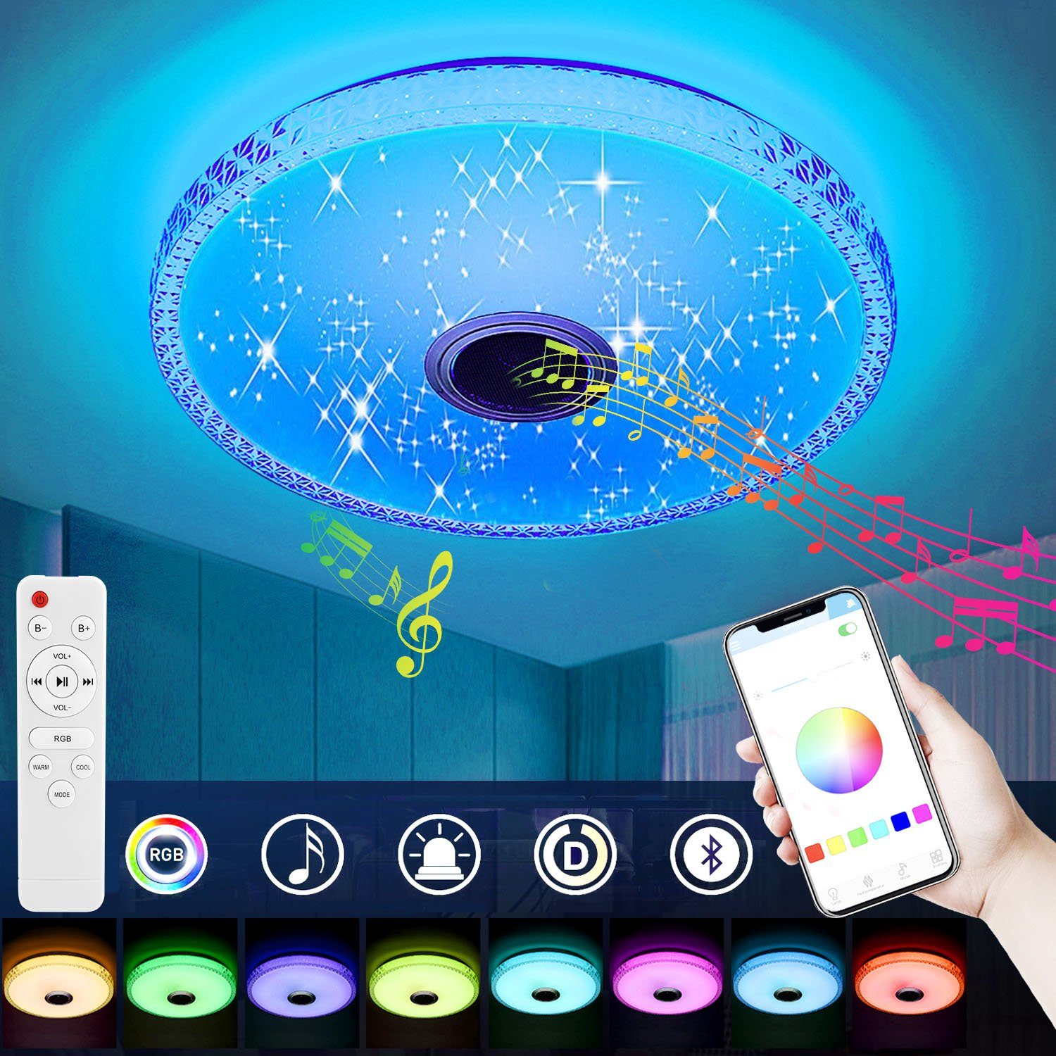 oyajia LED Deckenleuchte 60W RGB Kristall Lautsprecher, Bluetooth Farbwechsel, Dimmbar Kaltweiß/Naturweiß/Warmweiß/RGB Schlafzimmer integriert, für Deckenlampe Sternenhimmel Wohnzimmer Ø40cm, Fernbedienung, mit LED LED Lampe fest Bad