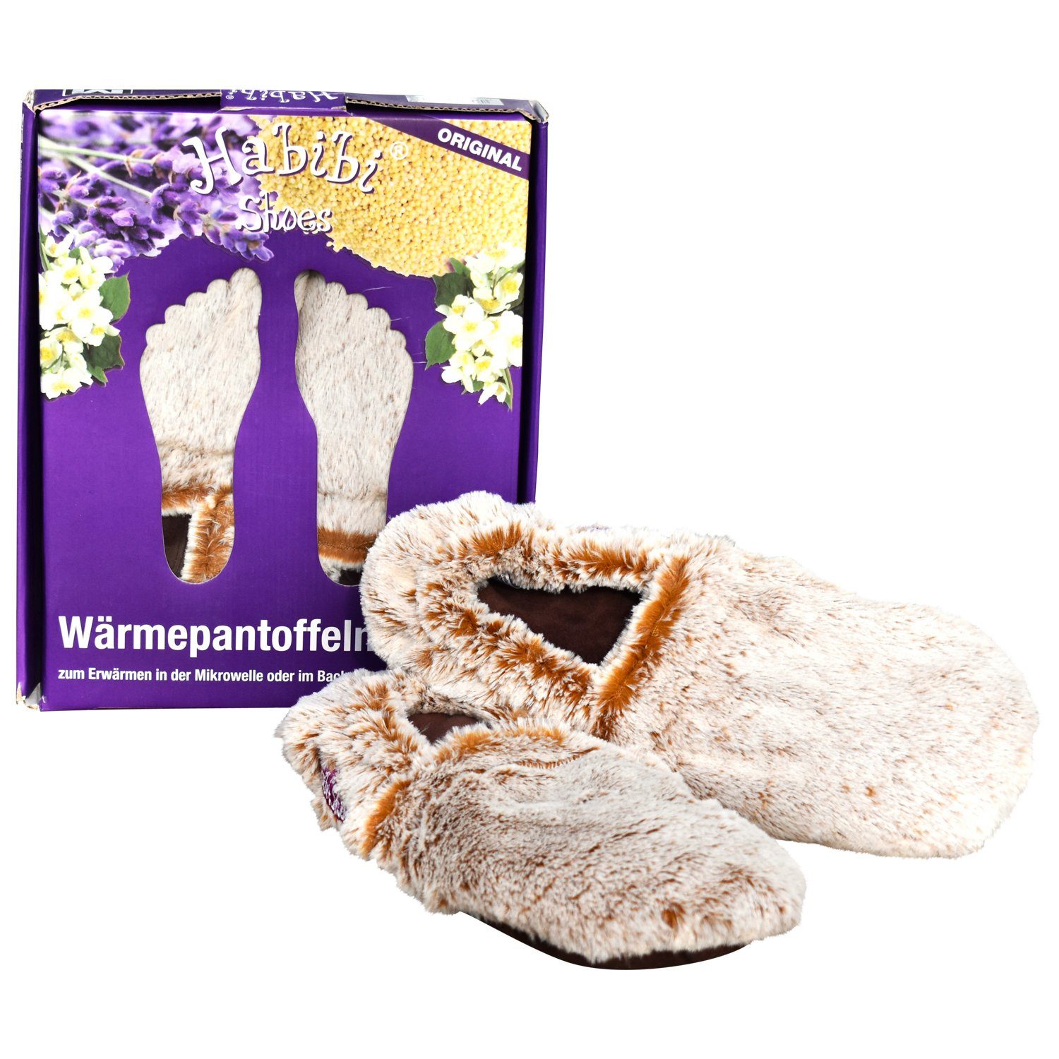 Habibi Plush Wärmekissen Wärmeschuhe, Slipper creme meliert Größe M für Mikrowelle/Ofen, (1 Paar Wärme-Hausschuhe)
