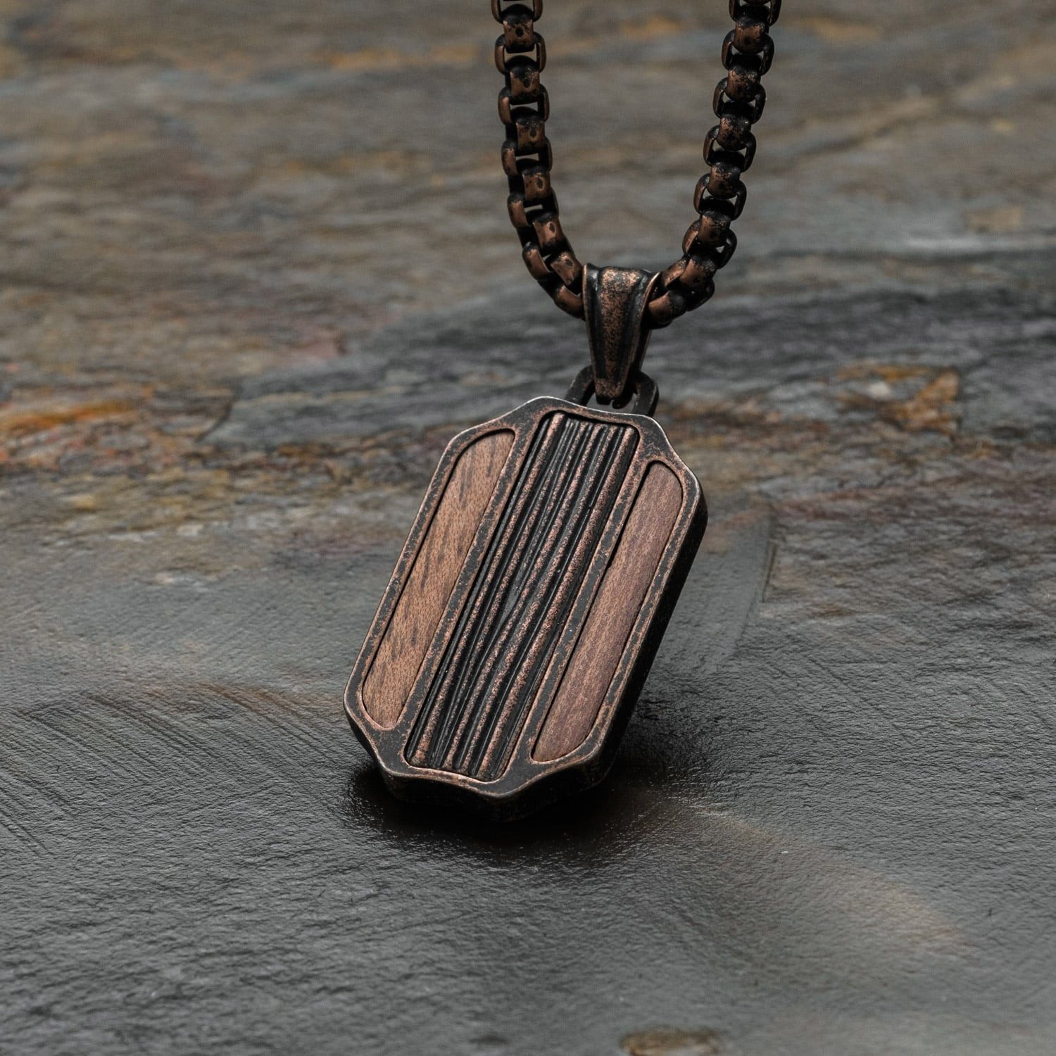 Holzkern Kette mit Anhänger Herren-Edelstahl Marked Walnuss/Kupferfarben