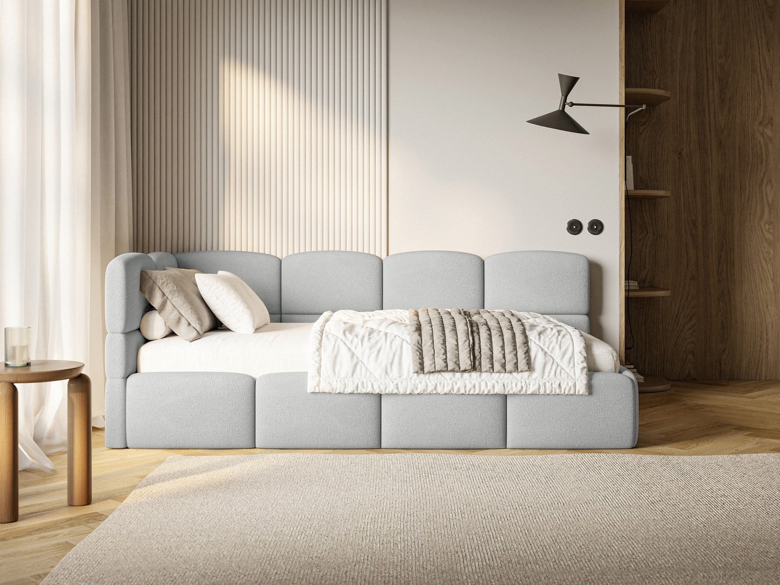 Selsey Jugendbett CLOUDY, Eck-Kopfteil, Matratze & Bettkasten, Chenille hydrophob, 120x200 cm