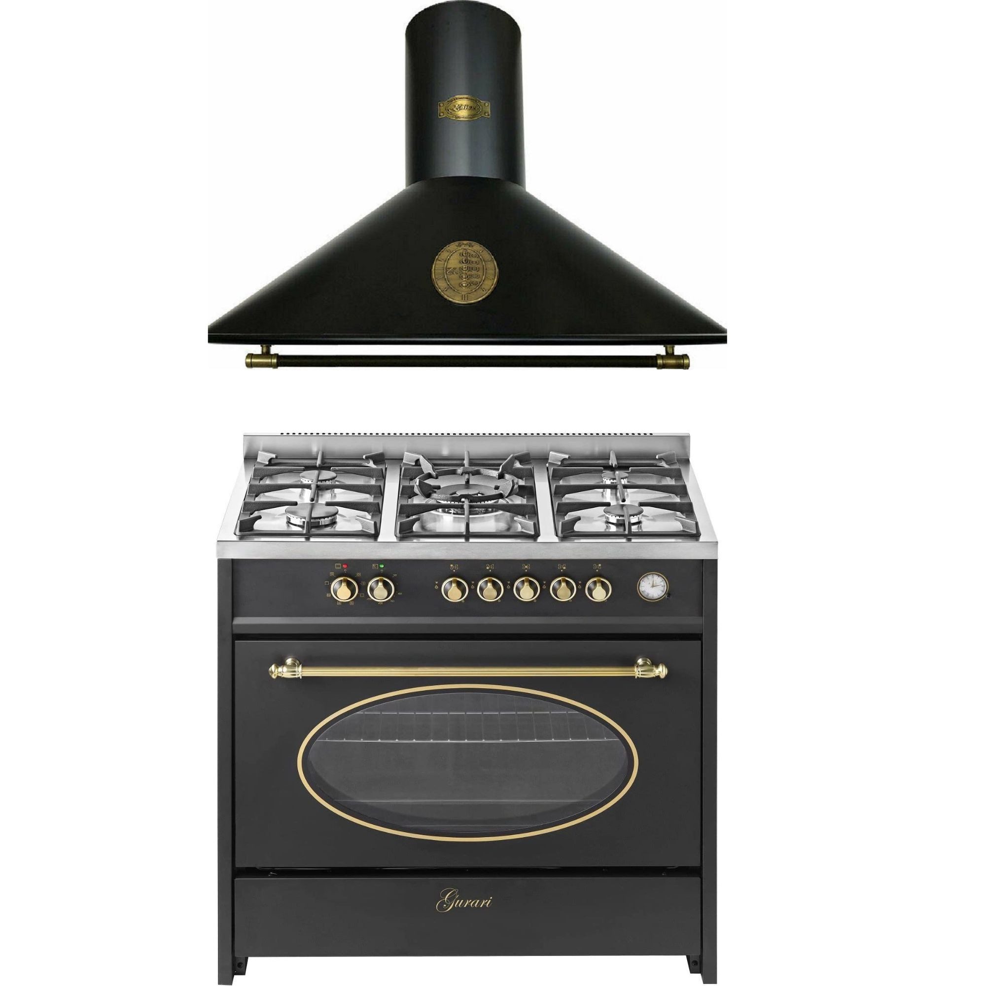 GURARI Gas-Standherd Retro Gas Elektro Standherd 90 cm, Nostalgie Range Coocker, 121L +Dunstabzugshaube Umluft,Abluft, 910 m³/h, 90 cm GCH E 914 BL r +A 9423 ECO, mit 1-fach-Teleskopauszug