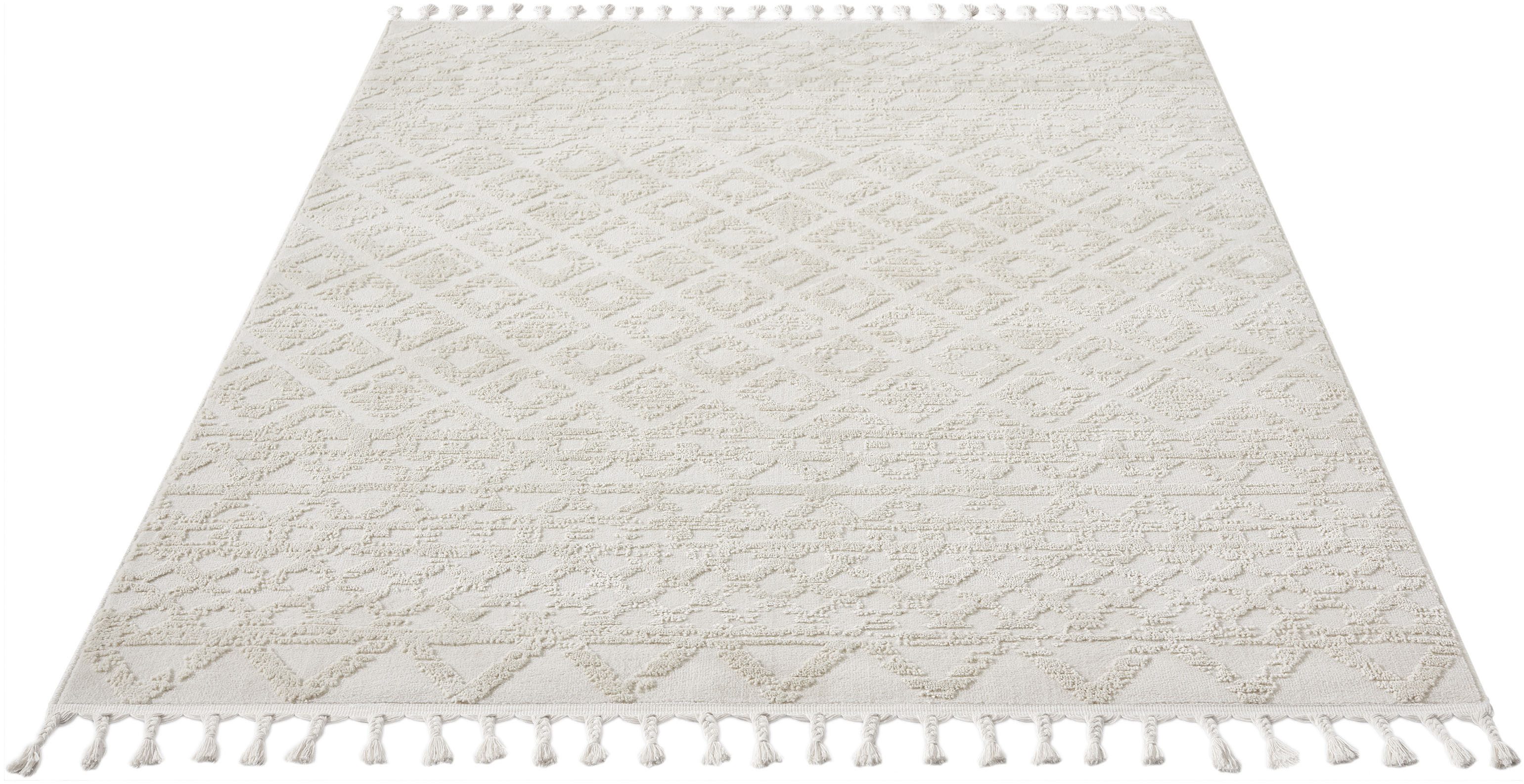 OTTO home Teppich Ribeyret, rechteckig, Höhe: 11 mm, mit Fransen, Hoch-Tief-Struktur, Woll-Look, Boho-Style, Wohnzimmer