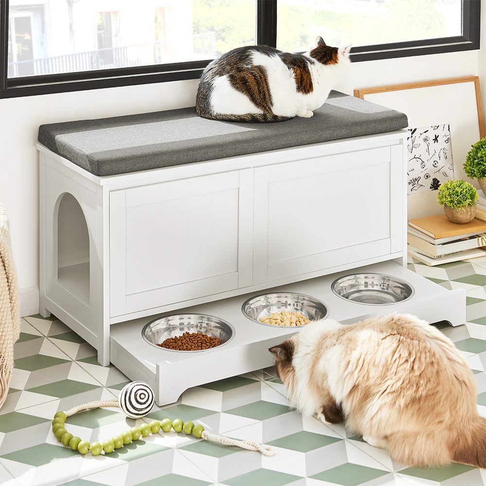 SoBuy Katzenhaus mit Katzennäpfe Schuhbank mit Sitzfläche und Tierhaus Weiß günstig online kaufen