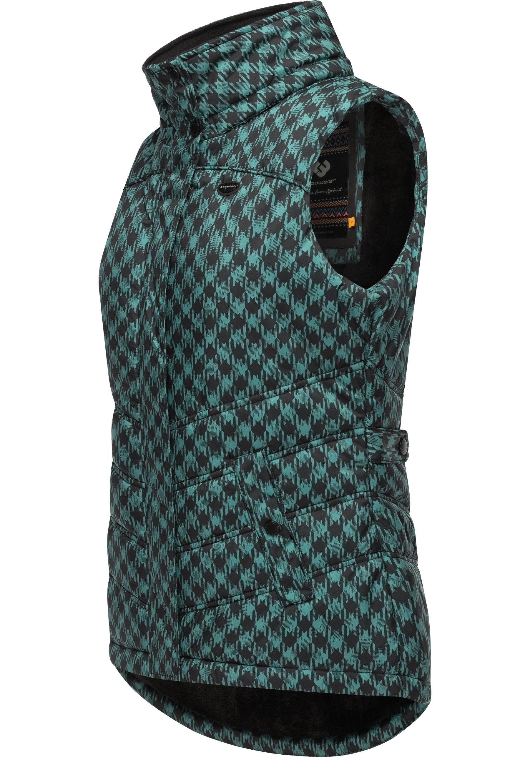 Ragwear Steppweste Hesty Print Weste mit abnehmbarer Kapuze und Hahnentritt Muster