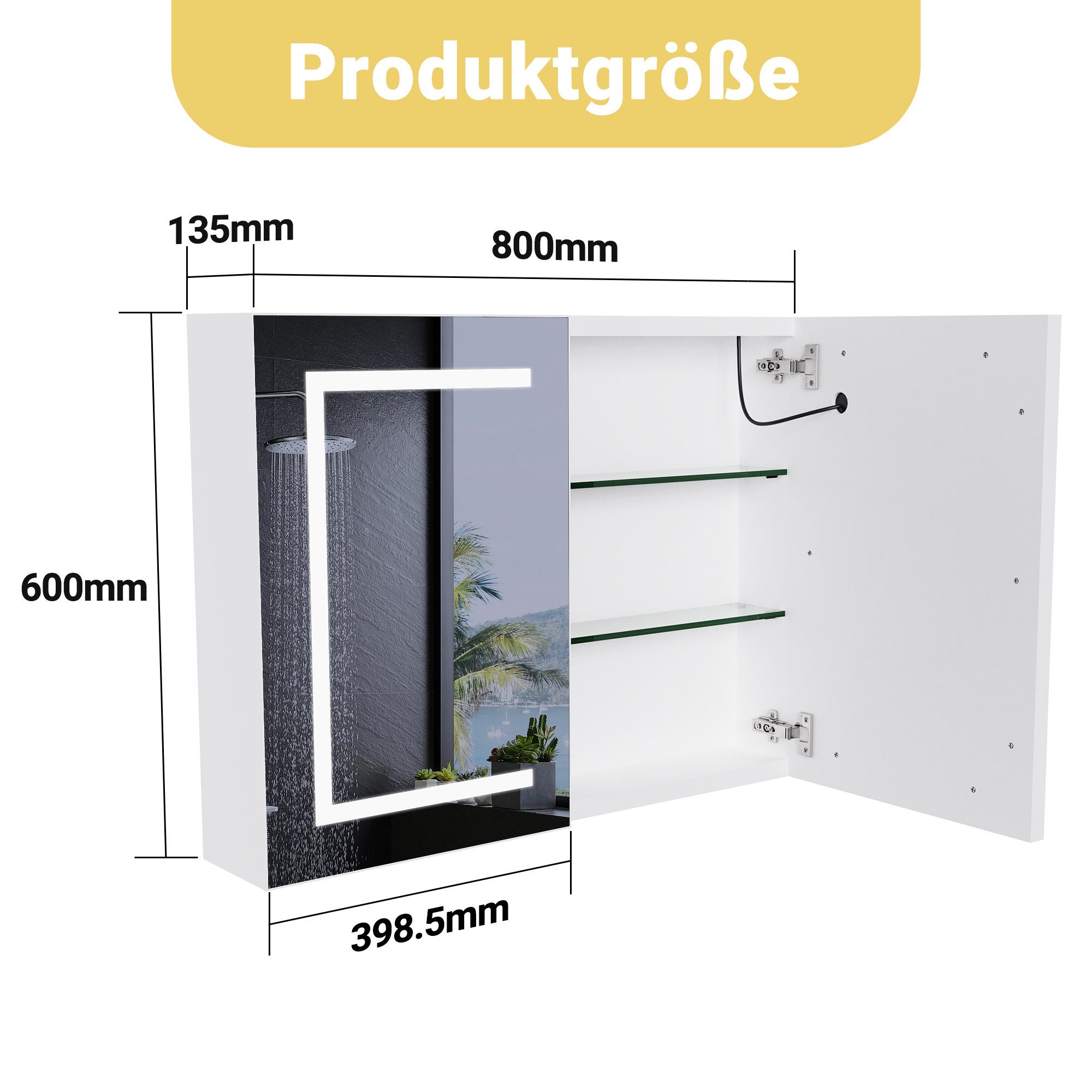 Simurq Spiegelschrank Spiegelschrank 80cm mit LED Beleuchtung & Anti-Beschlag (Spiegelschrank, Glasböden, LED-Beleuchtung, Netzteil, Montagezubehör) LED-Badezimmerspiegel mit Antibeschlagfunktion
