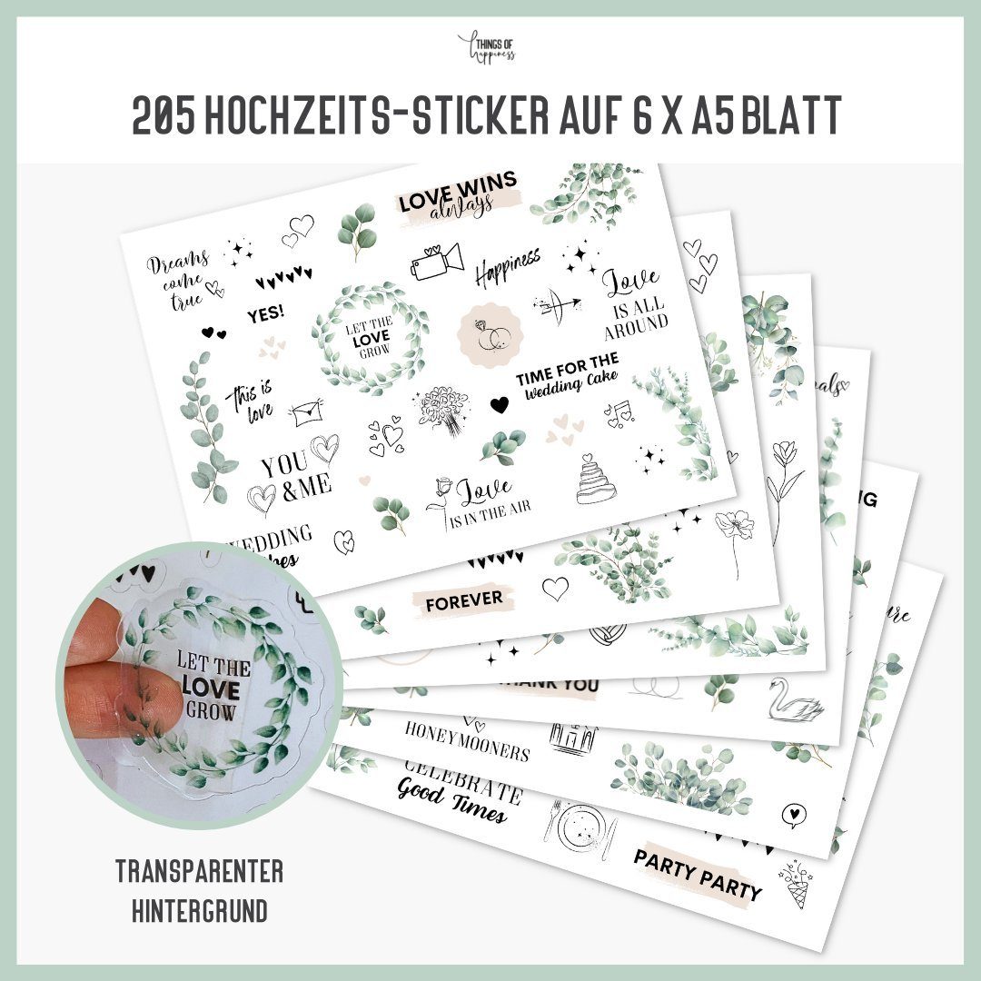 Things of Happiness Sticker Hochzeitssticker Gästebuch Hochzeit Aufkleber Fotoalbum, Hochzeitssticker Eucalyptus