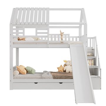 Celya Kinderbett Etagenbett 90x200cm mit Treppe und Rutsche, Aufbewahrungsschublade, Rahmen aus Kiefernholz und MDF