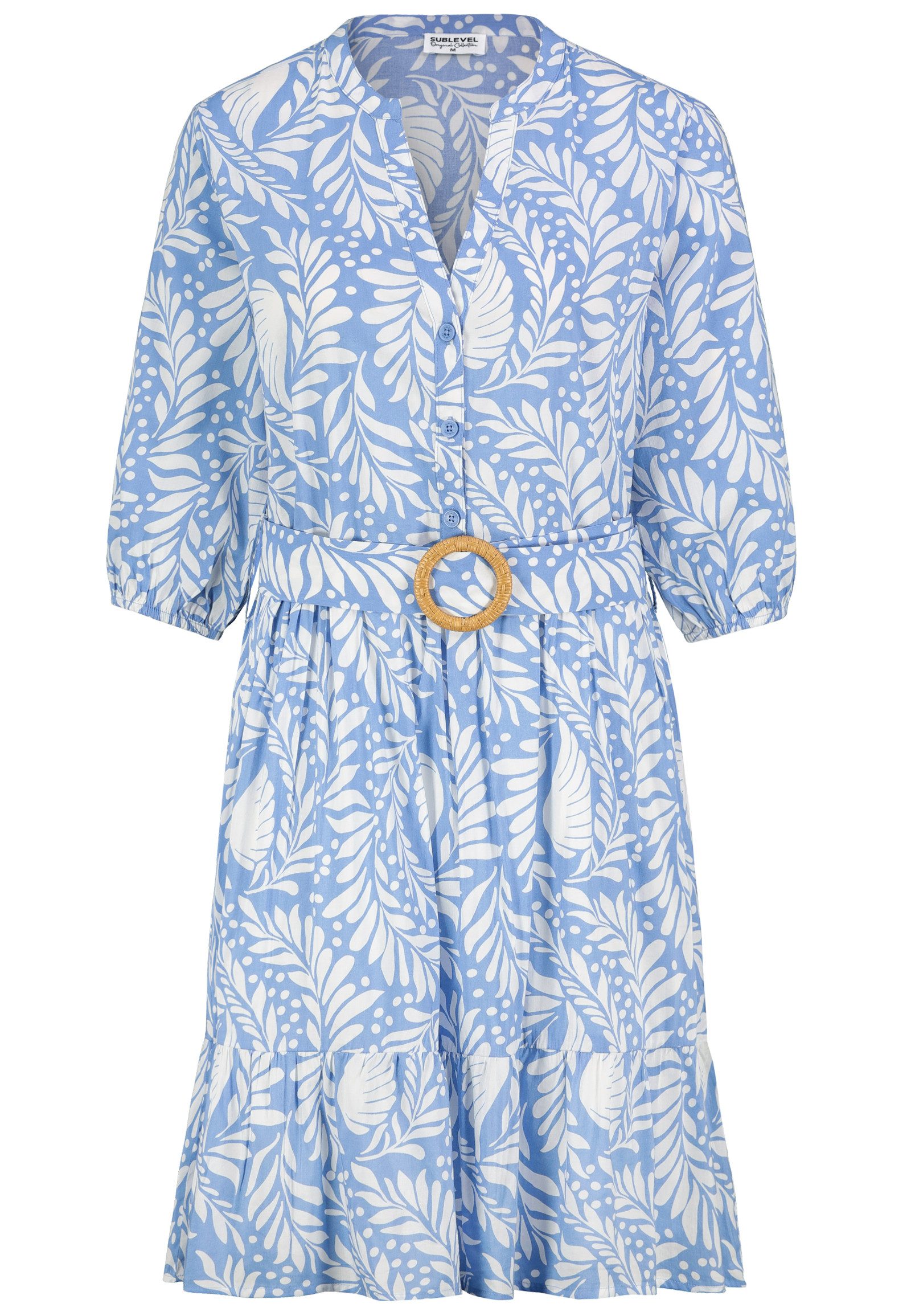 SUBLEVEL Blusenkleid Damen Blusenkleid mit Muster und Gürtel A-Linie, lange Ballonärmel, Gürtel mit runder Bastschnalle