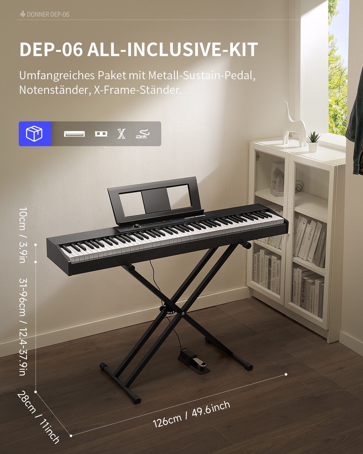Donner Home-Keyboard Halbgewichtet E-piano Tragbares Klavier mit X-Ständer DEP-06 (Set, Notenständer X-Klavierständer Metall-Sustain-Pedal Netzteil), Tragbar und hochkompatibel Unterstützt den Kopfhörermodus
