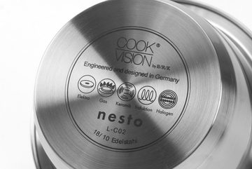 cookvision nesto Topf-Set, Edelstahl 18/10 (10-tlg., 3 Töpfe, 3 Deckel mit Zubehör), platzsparend, innovatives Zubehör