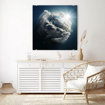 Primedeco Glasbild Wandbild Quadratisch Sonnenaufgang über Erde mit Aufhängung, Weltall