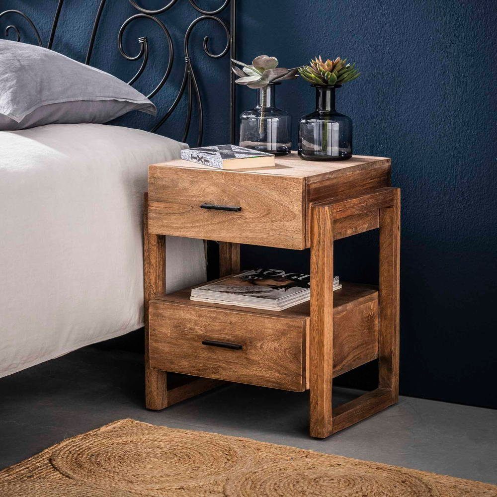Massivholz Schubladen RINGO-Living mit in Nachttisch Inoa Möbel Natur-hell, 2 Beistelltisch