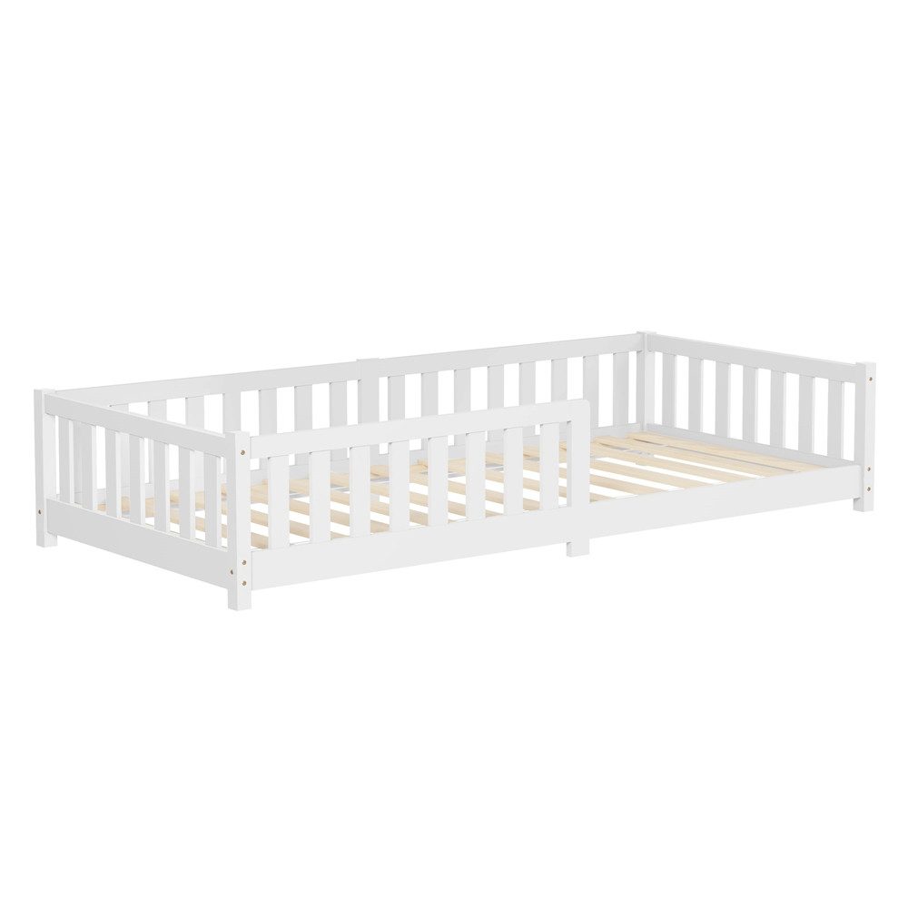 ML-DESIGN Spielbett Bodenbett Holzbett mit Lattenrost & Rausfallschutz Jugendbett Babybett, Abenteuerbett 90x200cm Weiß Kinderbett Bettgestell ohne Matratze