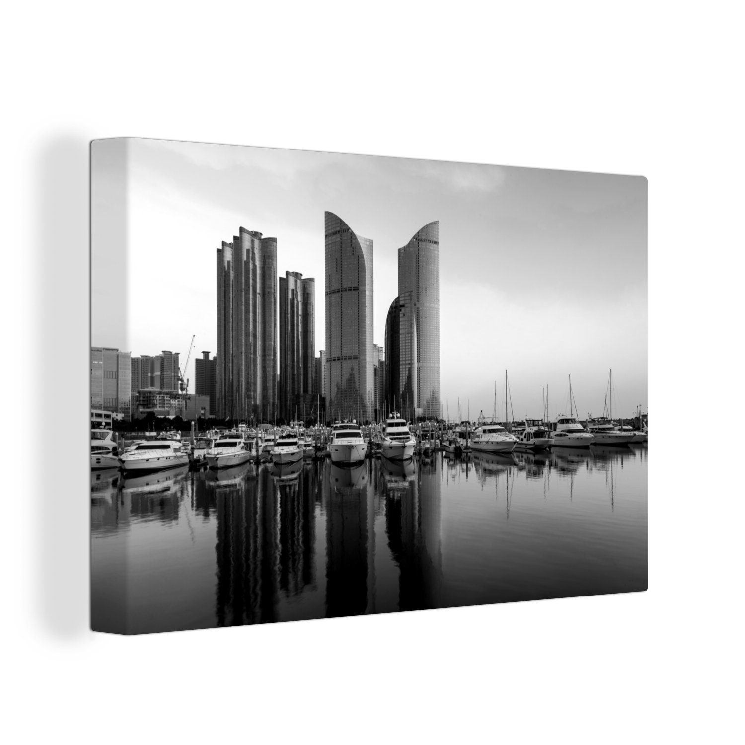 OneMillionCanvasses® Leinwandbild Himmel über Busan in Südkorea - schwarz und weiß, (1 St), Wandbild Leinwandbilder, Aufhängefertig, Wanddeko, 30x20 cm | Leinwandbilder