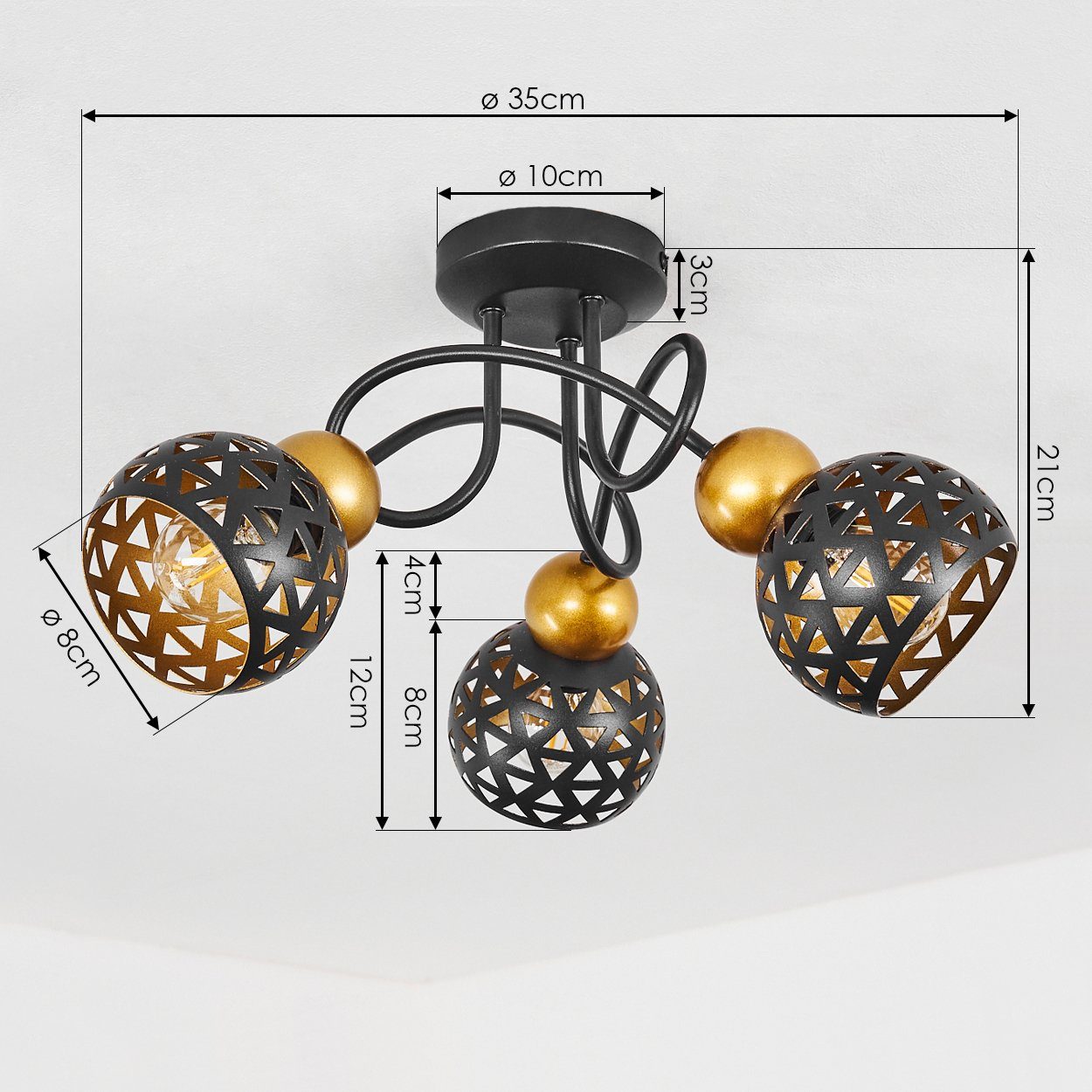 Metall ohne Decke, Deckenlampe mit Schwarz/Gold, an 3-flammige moderne aus Leuchtmittel, 3xE14 in hofstein »Piedicolle« Deckenleuchte Leuchte der Lichteffekt