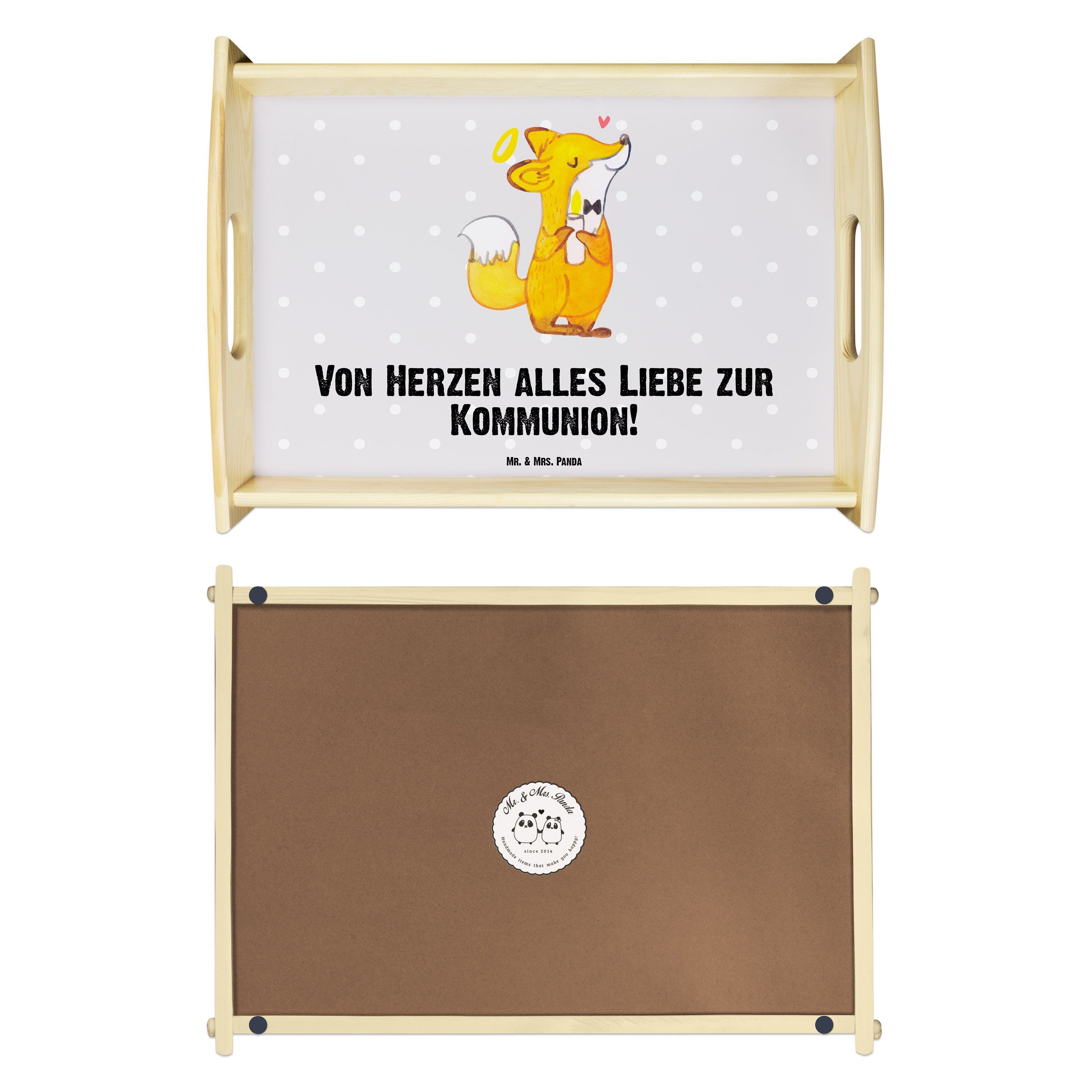 Mr. & Mrs. Panda Tablett Grau Geschenk, Fuchs Kommunion Pastell - (1-tlg) Frühstückstablett, lasiert, Echtholz - Jugendw